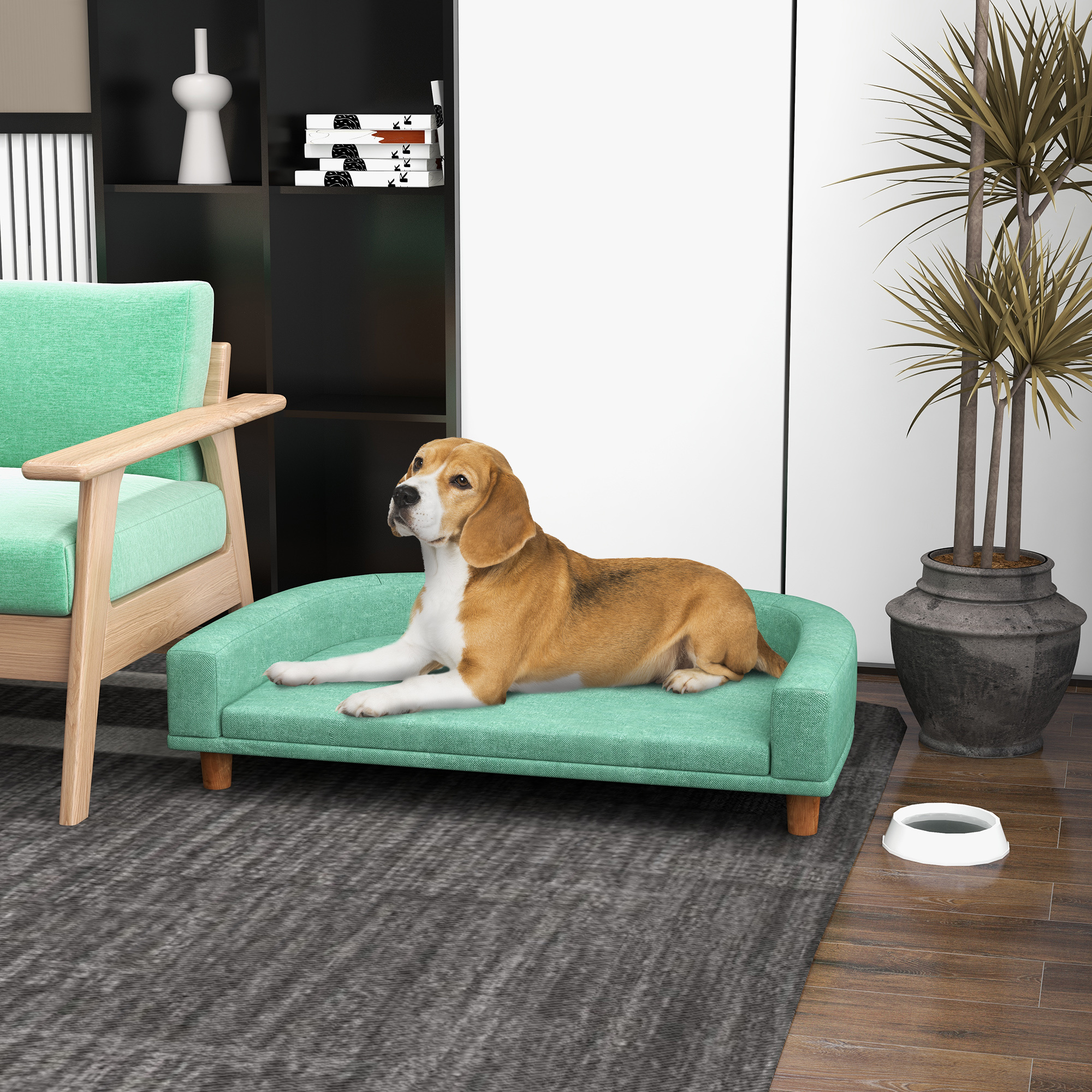 Image of Dog Sofa Dog Couch With Backrest, Wooden Legs Dog Bed With Polyester Pet Sofa Cat Sofa For Large Dogs Up To 30 Kg, 98 X 67 X 25 Cm, Green