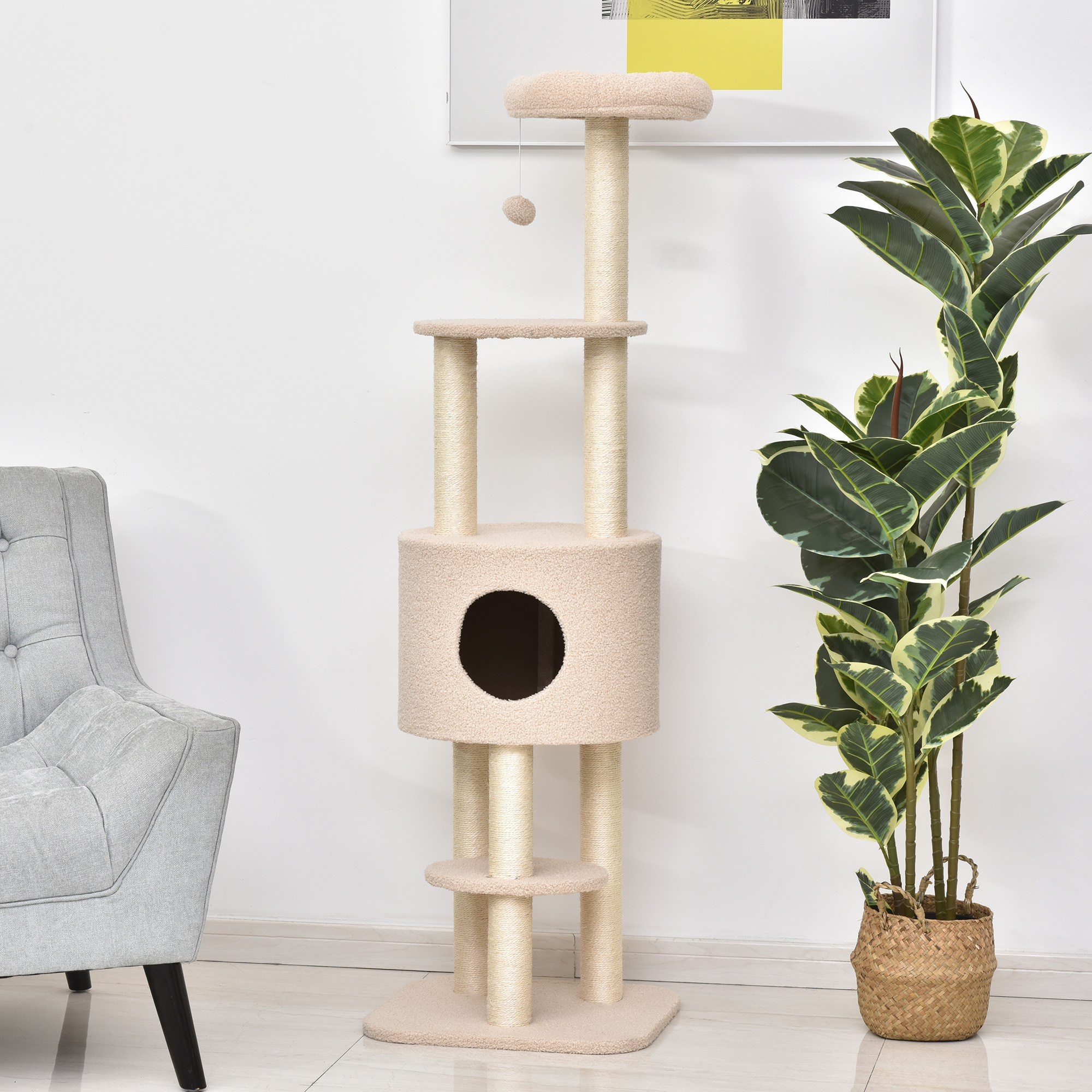 Pawhut Cat Scratching Tree With , Bed, House, Toys And Sisal Rope, Max 30kg