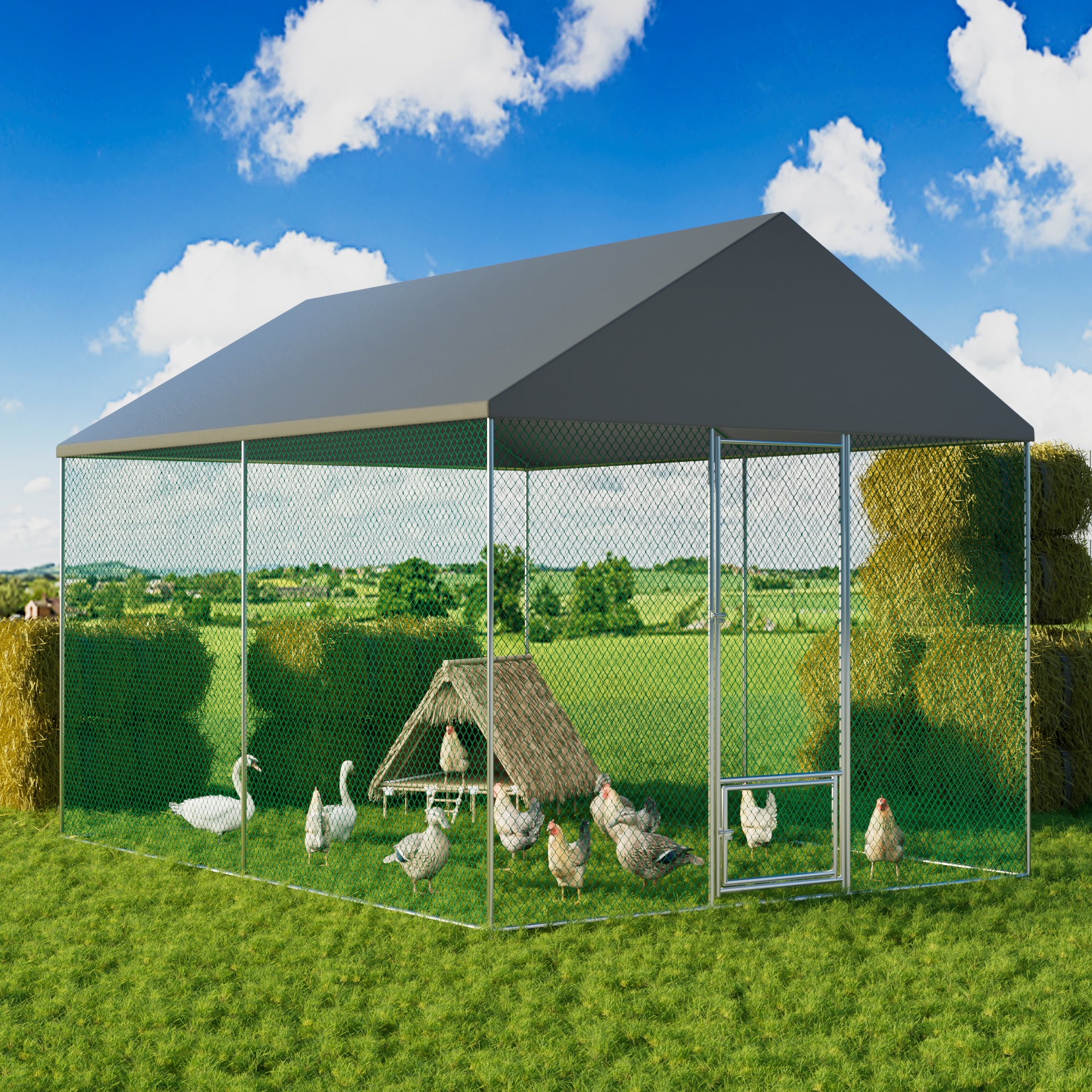 Image of Outdoor Chicken Coop 4x3x2.7cm Heavy Duty Poultry Cage 12 Square Meters Galvanised With Uv-protected Oxford Hood For Hens, Ducks, Geese