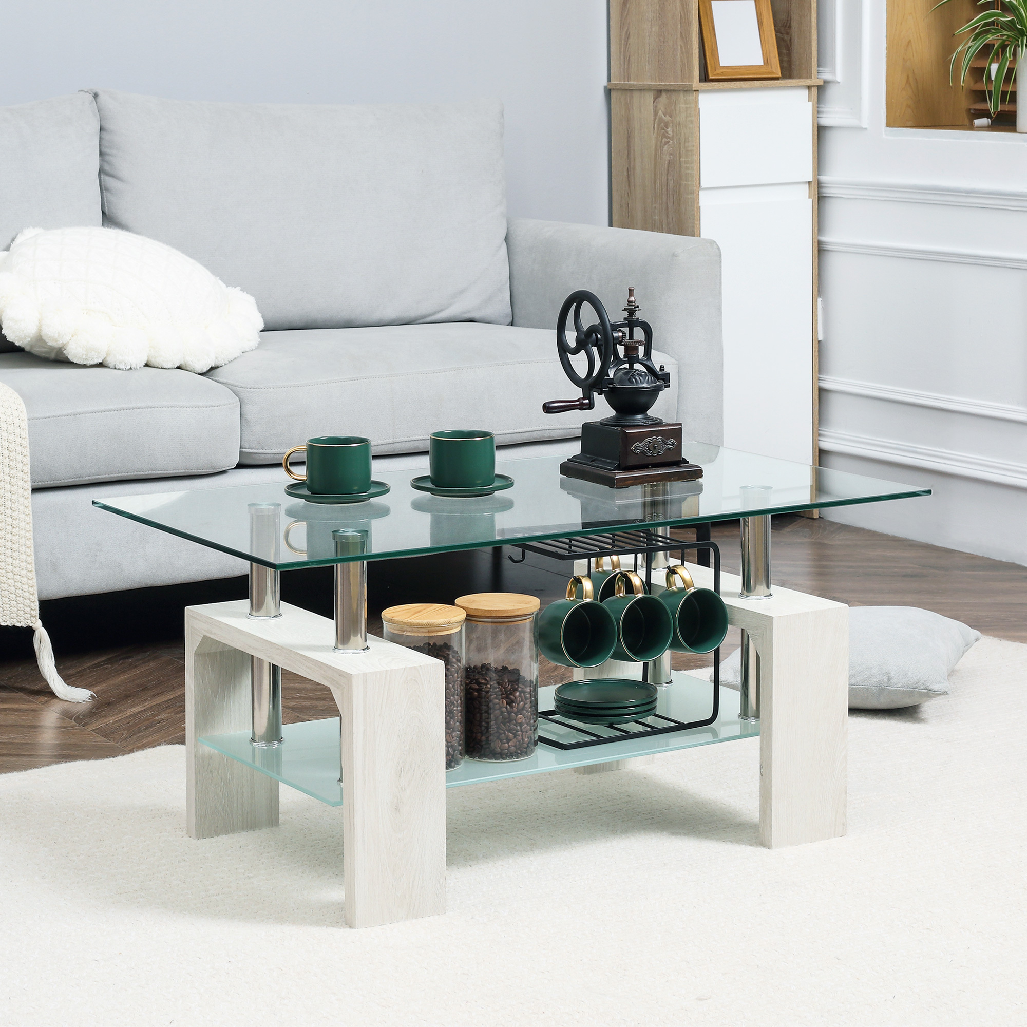 Homcom 2-level Coffee Table, Modern Living Room Table With Glass Top And Frame, 90x50x42cm, White