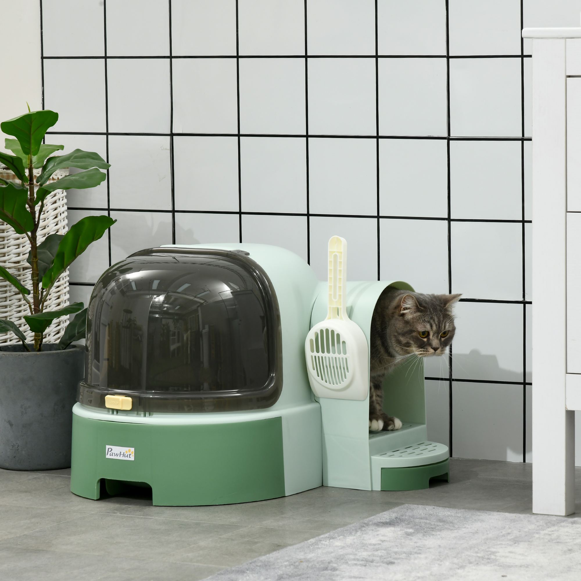 Litter Box, Cat Toilet 52 X 60 X 42 Cm With Lid, Removable Tray, Lock, Shovel, Green