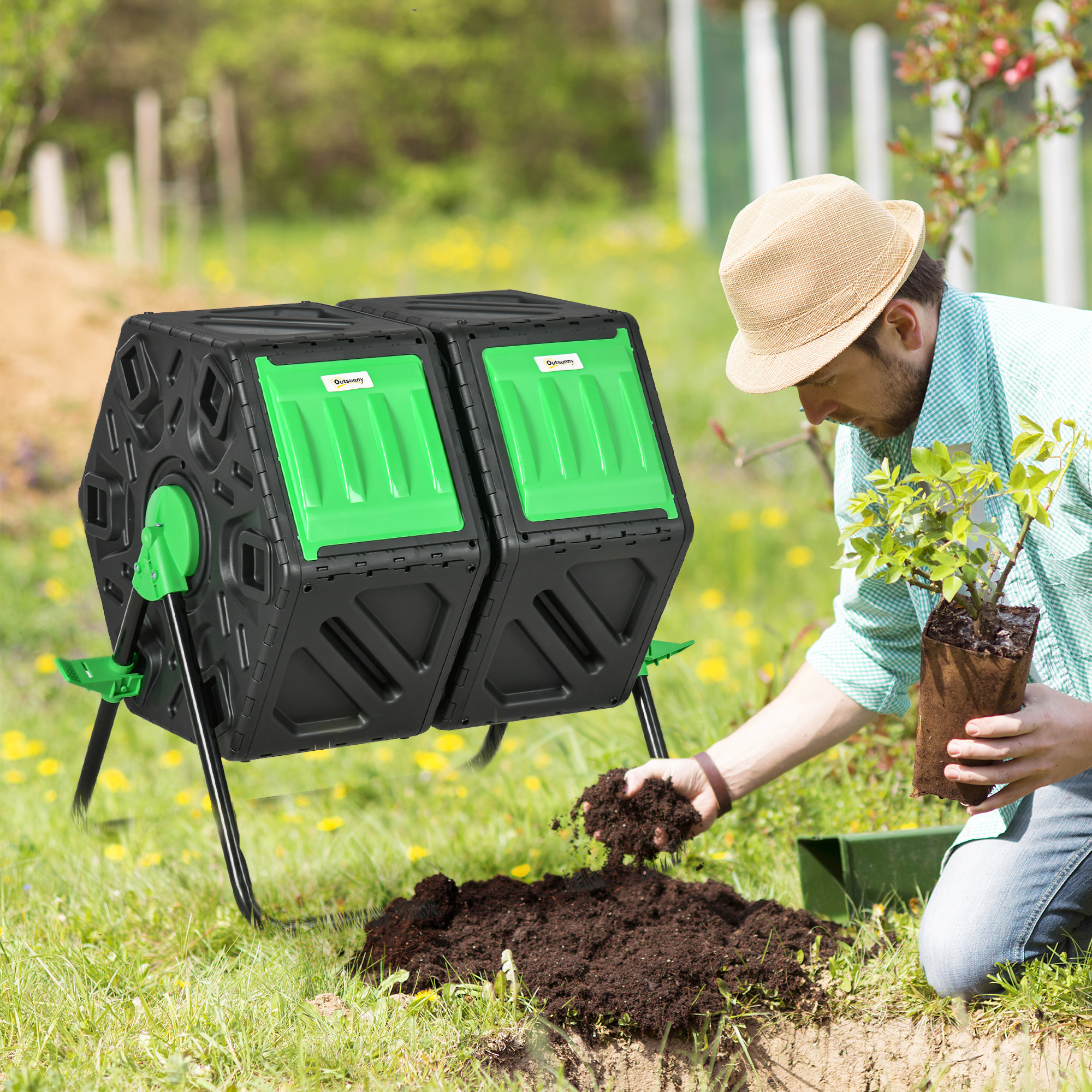 TEMU Dual Chamber Garden Compost Bin, 130l Rotating Composter, Compost Maker With Ventilation And Steel Legs
