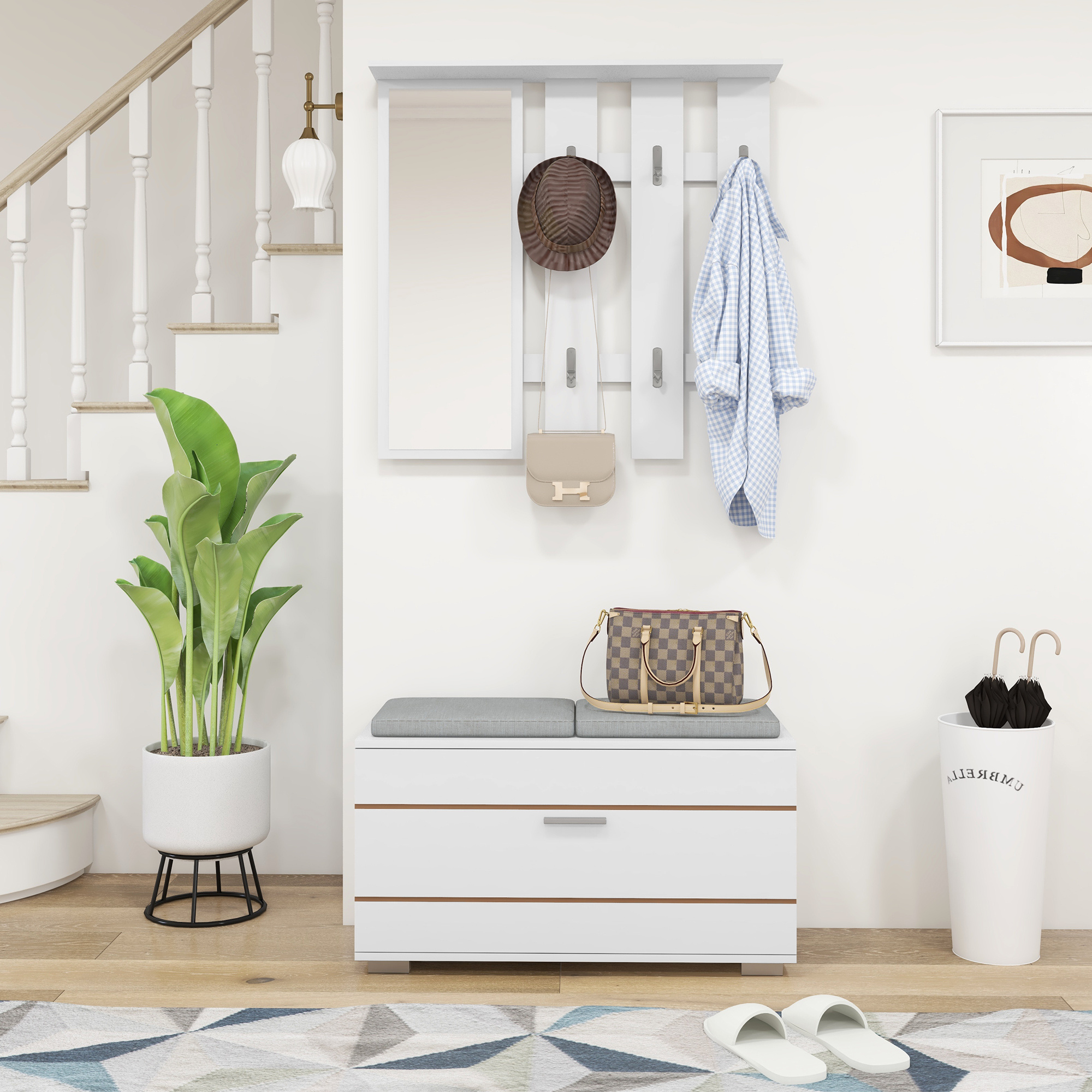 Image of Homcom 4 In 1 Entryway Furniture Set With Coat Rack, Mirror, Bench With Cushions, And Shoe Rack For 8 Pairs Of Shoes, White