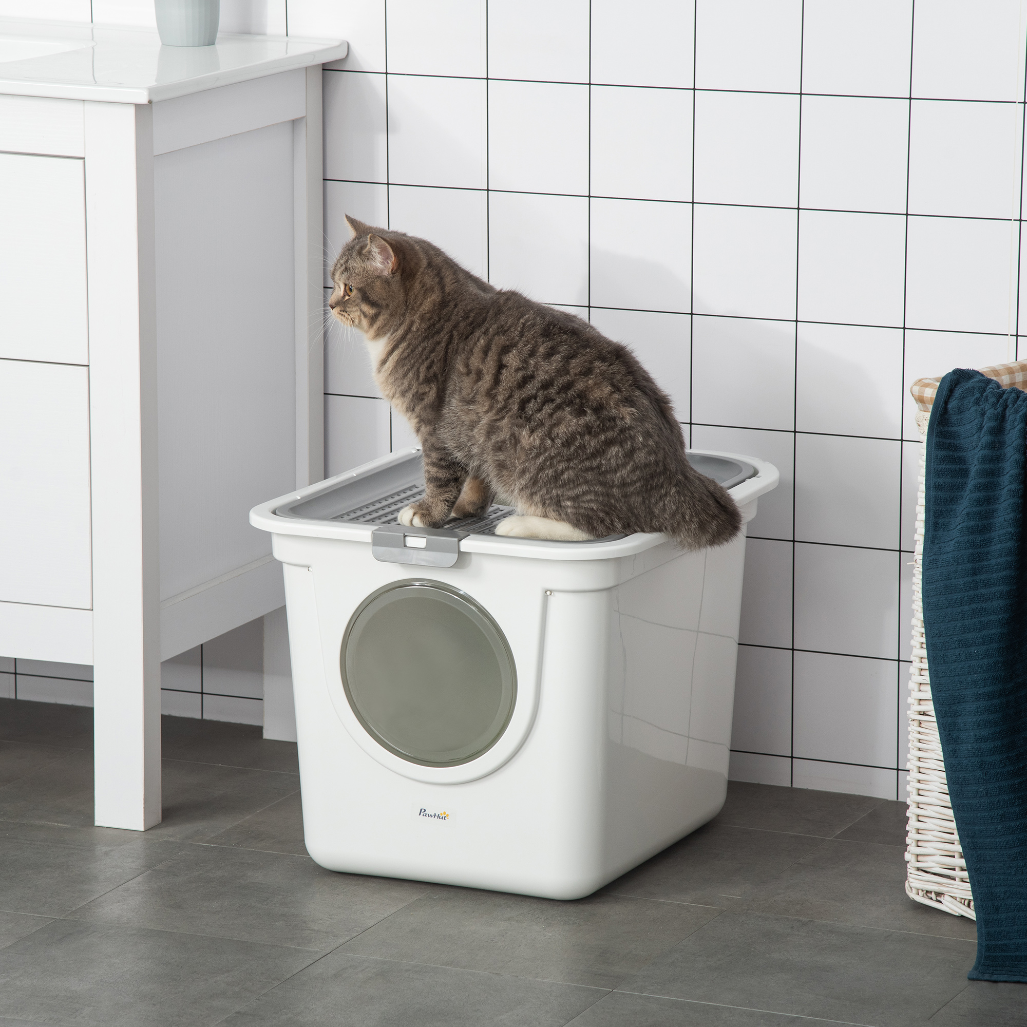 Cat Toilet With Lid, Cat Litter Box With Scoop, Toilet For Cats Up To 5 Kg, For Indoor, Plastic, Gray+white, 44 X 55 X 39 Cm