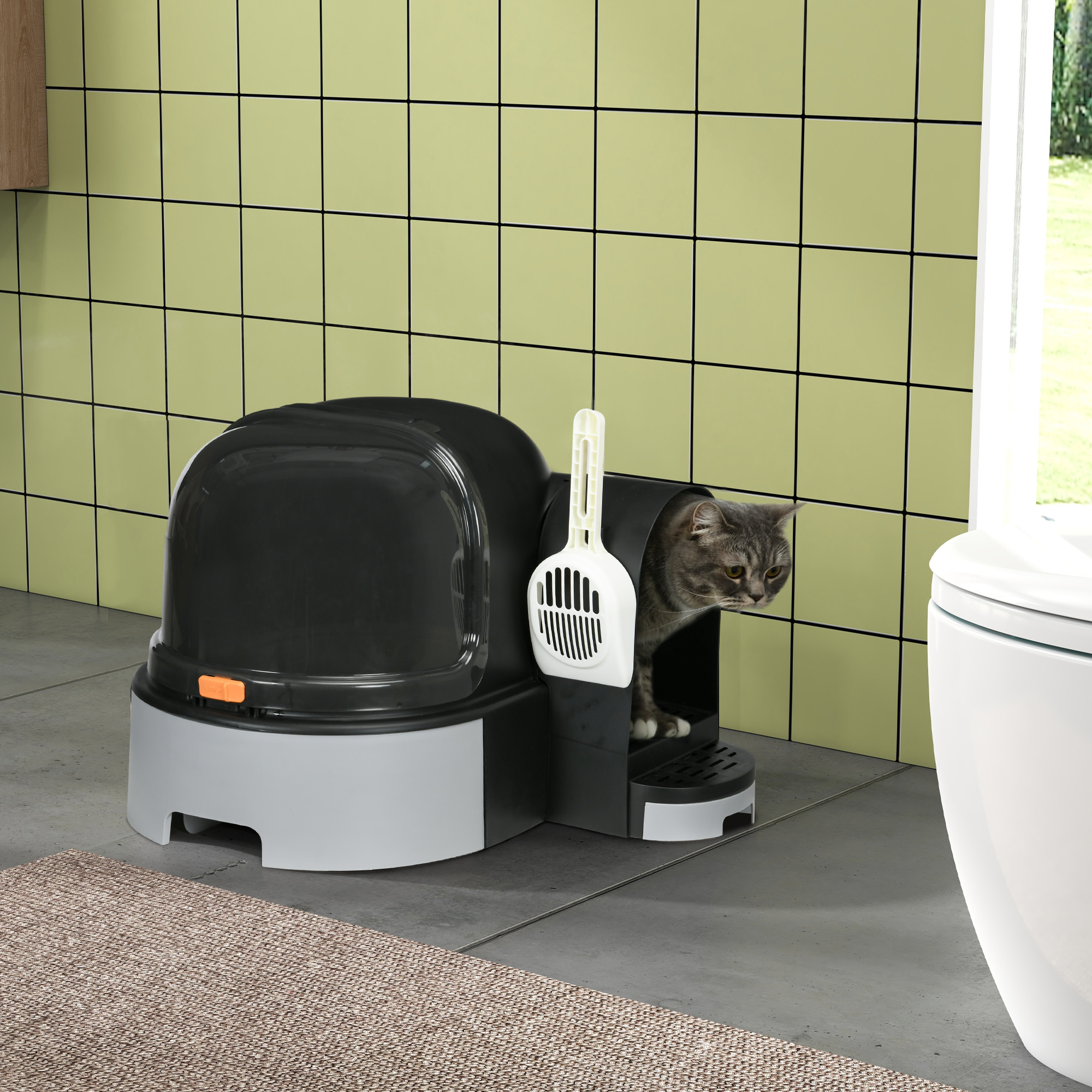 Image of Cat Toilet, Cat House, Cat Litter Box Including Shovel, 2 Pull-out Trays, Hood, Grey, 52 X 60 X 42 Cm
