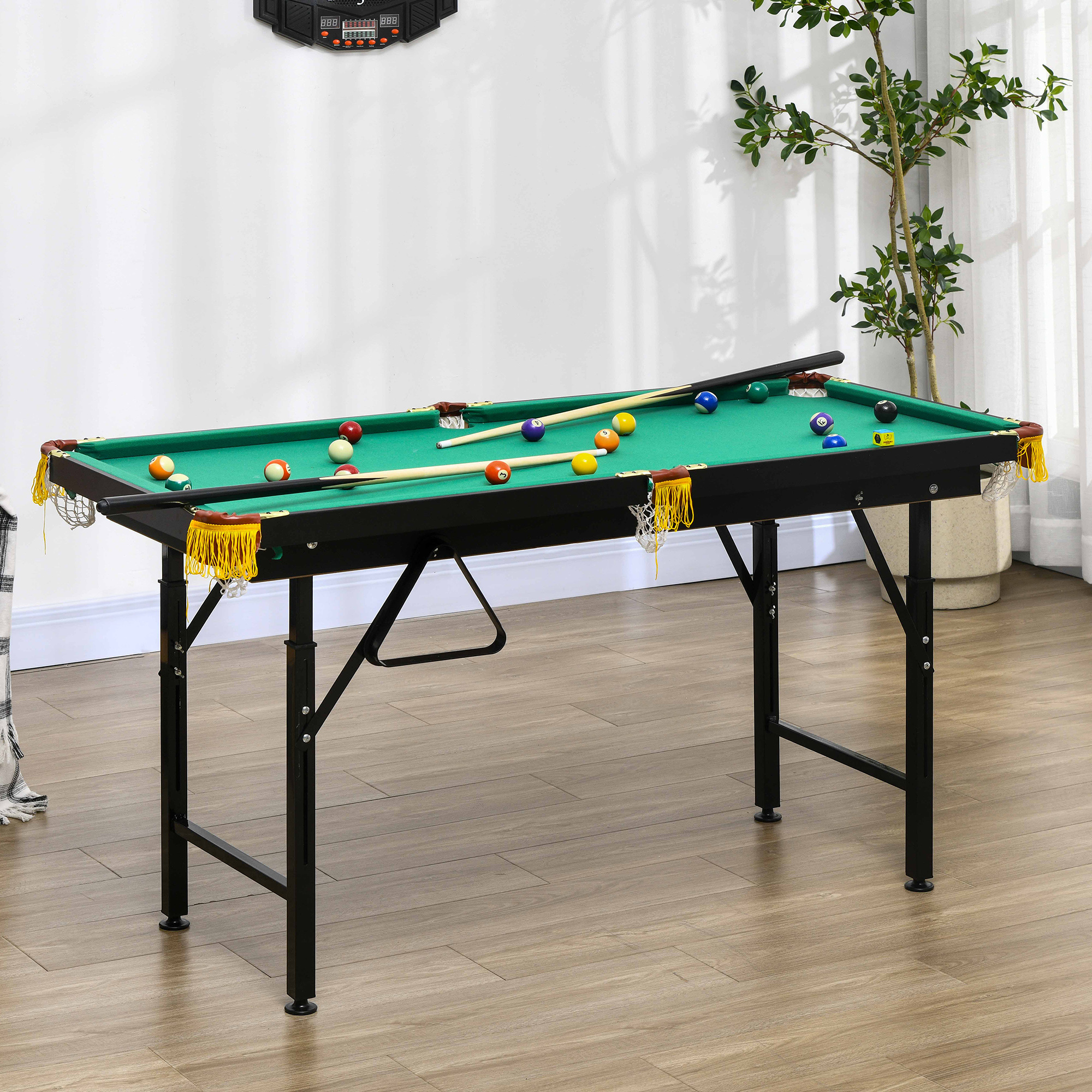Image of Billiard Table 4.6ft Foldable 140 X 55-75 Cm Tabletop Billiard With Accessories, Triangle, 2 Cues, 16 Balls For Youth, Adults, Steel, Green