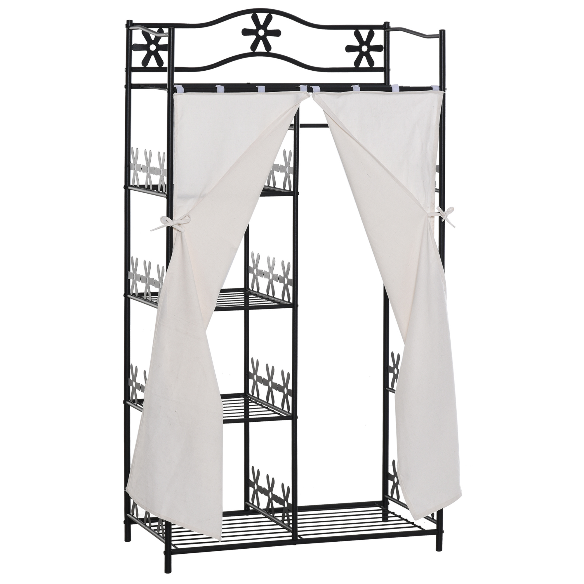 TEMU Homcom Wardrobe 5 Shelves 84w X 42d X 159h Cm Metal Black Floral Pattern 2 Curtains White-image-64194728747315