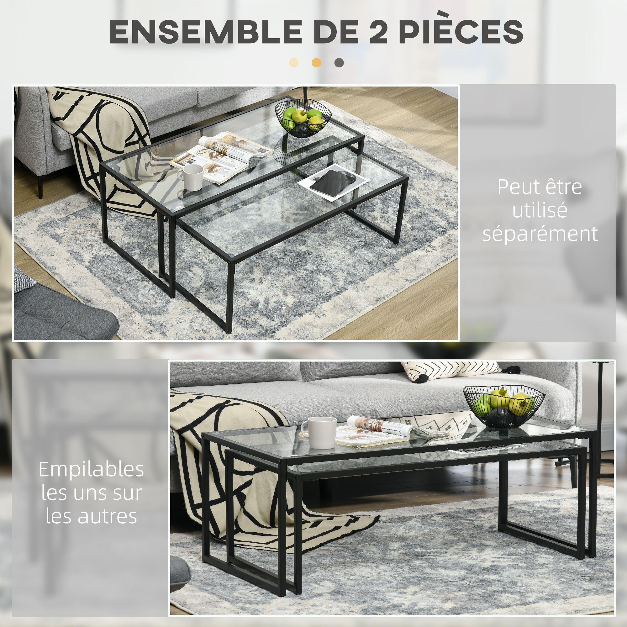 TEMU HOMCOM Set de 2 mesas de extraíbles, mesas de rectangulares de diseño de acero y encimeras de cristal templado negro