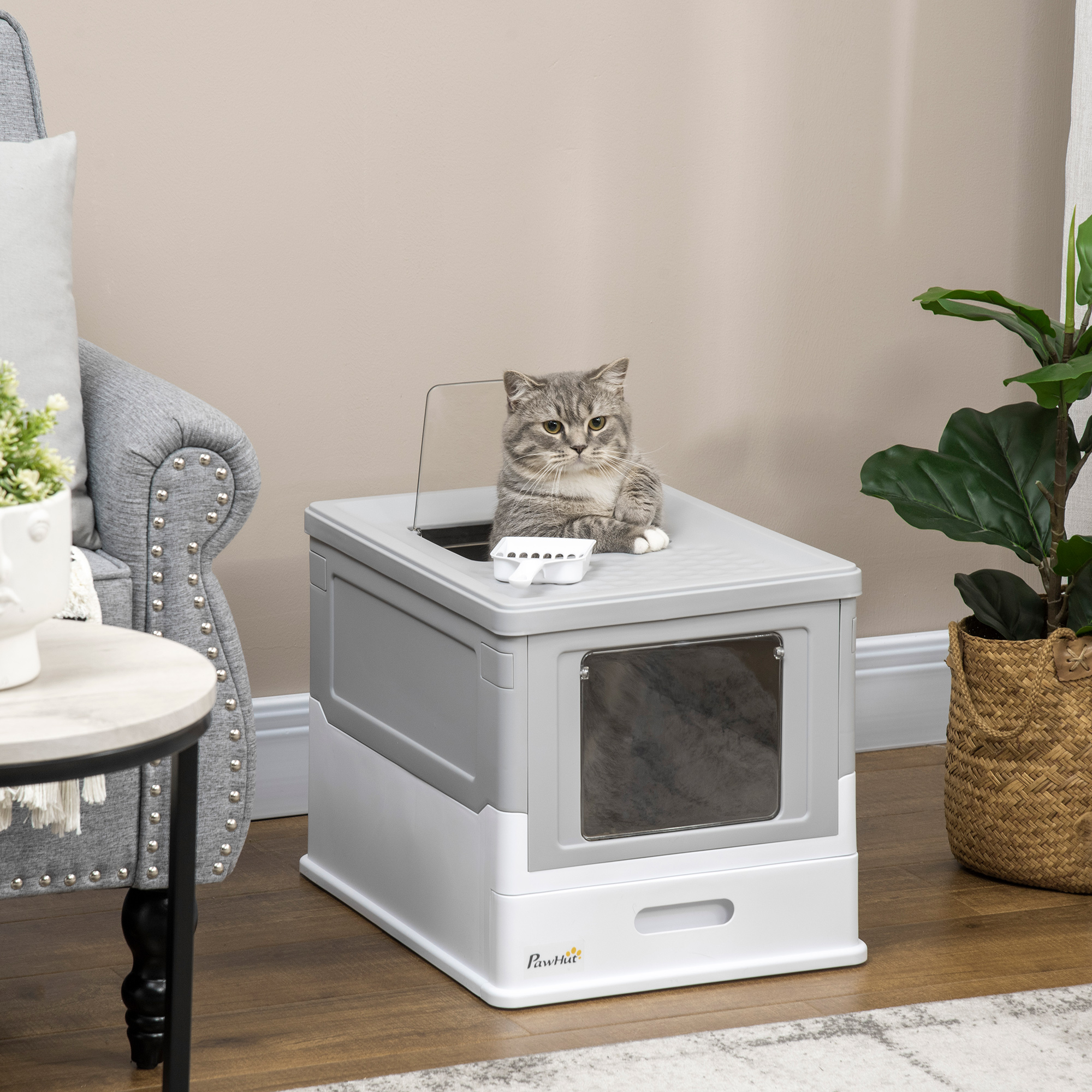 TEMU PawHut Bac à litière pour chat maison de toilette fermé pliable double porte et supérieure + pelle + tiroir à litière nettoyage facile - 47, 5 x