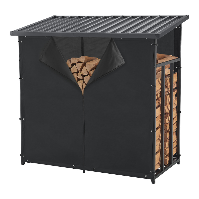 Image of Casa.pro Firewood Rack Yakutat Outdoor Firewood Stand Firewood Storage Wood Stack Helper Firewood Rack With Cover Firewood Holder Metal Black