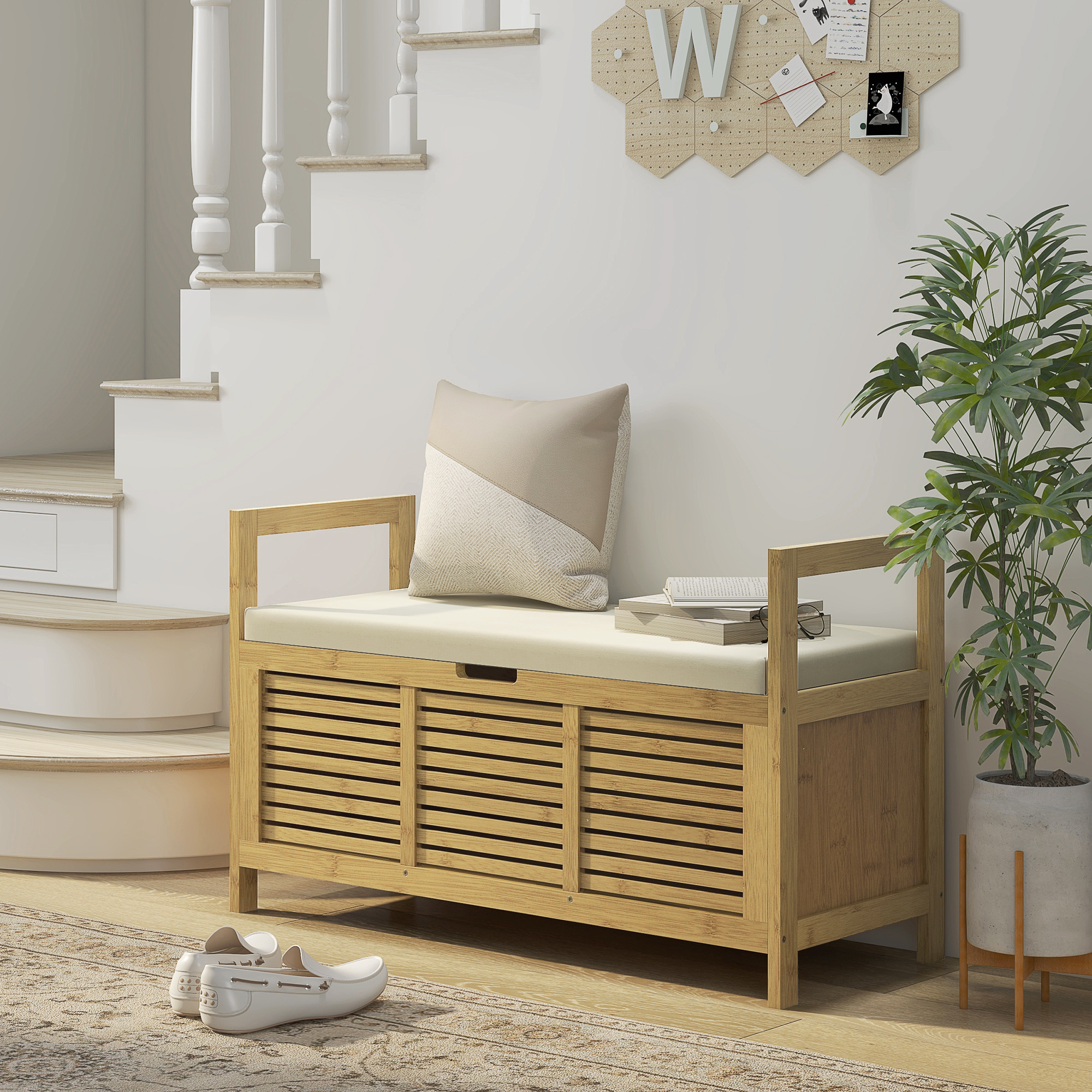 Shoe Bench, Bench With Hinged Lid, Bench, Shoe Rack, Shoe Storage For Hallway, , Bamboo, Natural, X 40 X 60 Cm