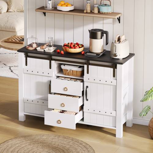 buffet avec espace de rangement, buffet de 120 cm de large avec portes coulissantes et 3 tiroirs, table de buffet bar à café en bois , convient pour , à manger et , blanc