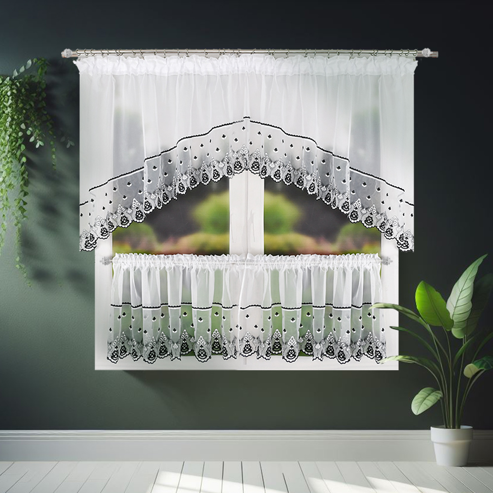Flying 3pcs Embroidered Kitchen Curtains Set, 300x100cm Romantic Decorative Curtains, Sheer Panels For Kitchen Or Dining Room, Elegant Style To Enhance Home Décor