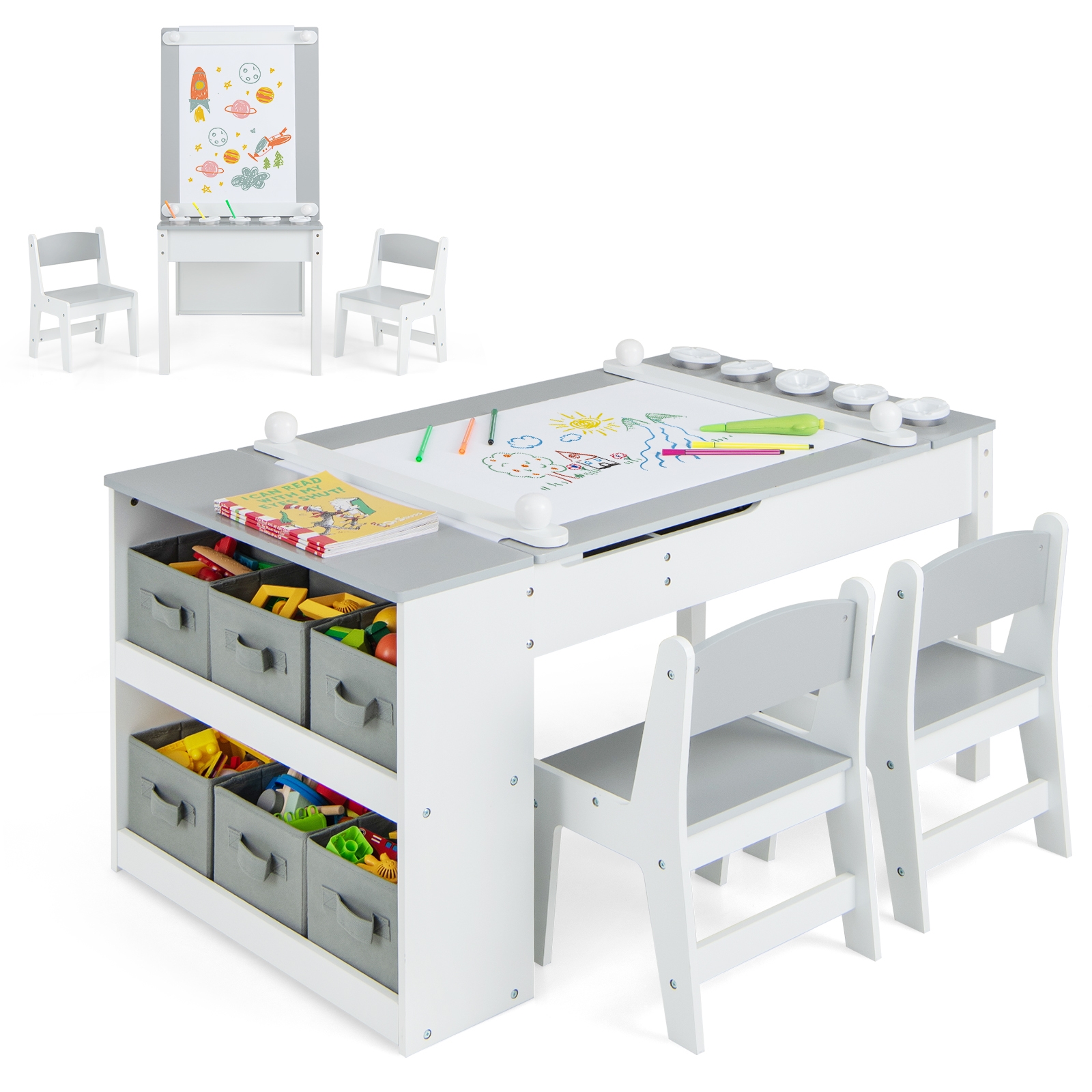 childrens table with 2 chairs 3 in 1 painting table easel wood with storage space childrens seating group with lift up table top removable tray craft table for children from 3 years grey