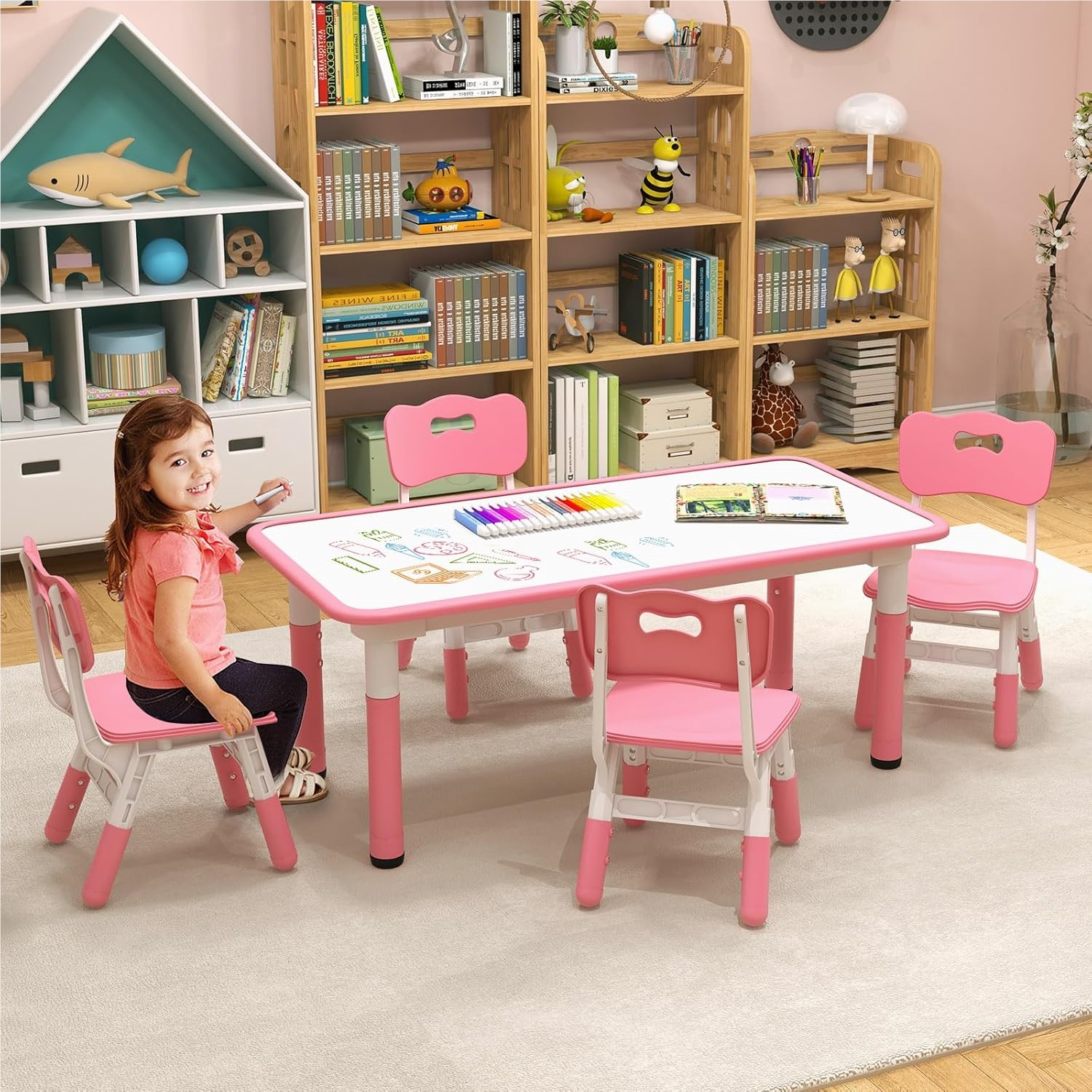 Image of Children's Table With 4 Chairs, Height-adjustable Children's Seating Group With Graffiti Tabletop, Children's Table And Chair Set, Activity Table For Boys And Girls From 18 Months (pink)