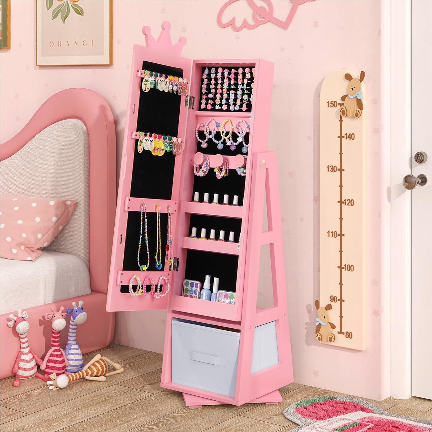 Image of Cabinet, 3-in-1 Mirror Cabinet 360° Rotatable With Full-length Mirror & Storage Basket, Jewelry Shelf Makeup Mirror In Crown Shape For Kids Ages 3 And Up (pink)