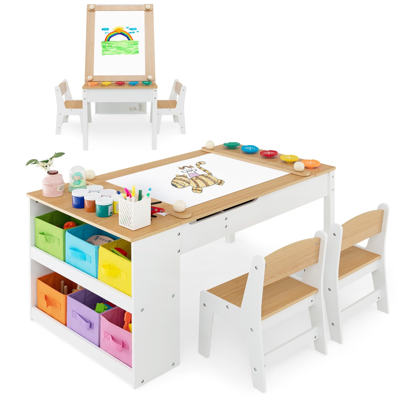 childrens table with 2 chairs 3 in 1 activity table easel with lift   fabric storage bins paper roll kids seating set    