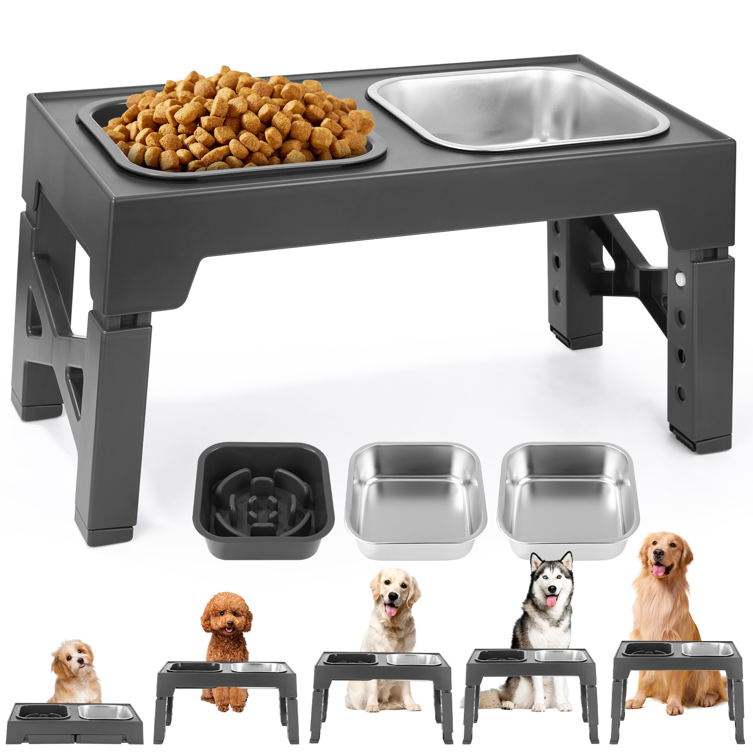 E-shop Hochgelegene Hundeschüsseln, mit langsamem Fütterungsschüssel und Edelstahl-Hundefutterschüssel, erhöhte Hundeschüsseln sich zu 5 Höhen (3,15",