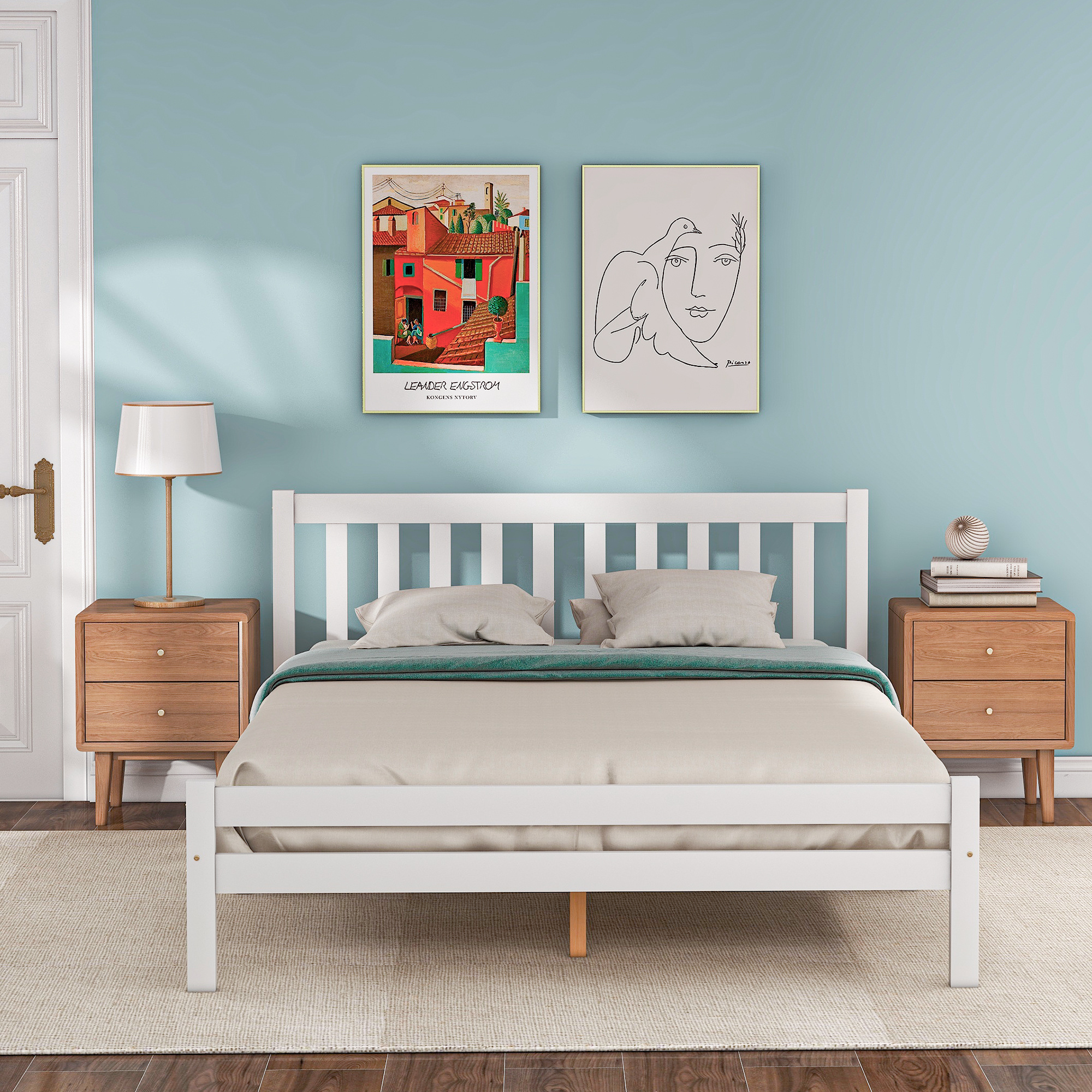 Wooden Bed Frame, Double Bed 4ft6 Solid Wooden Bed Frame, Bedroom Furniture for Adults, Kids, Teenagers, 135 x 190 cm (White)