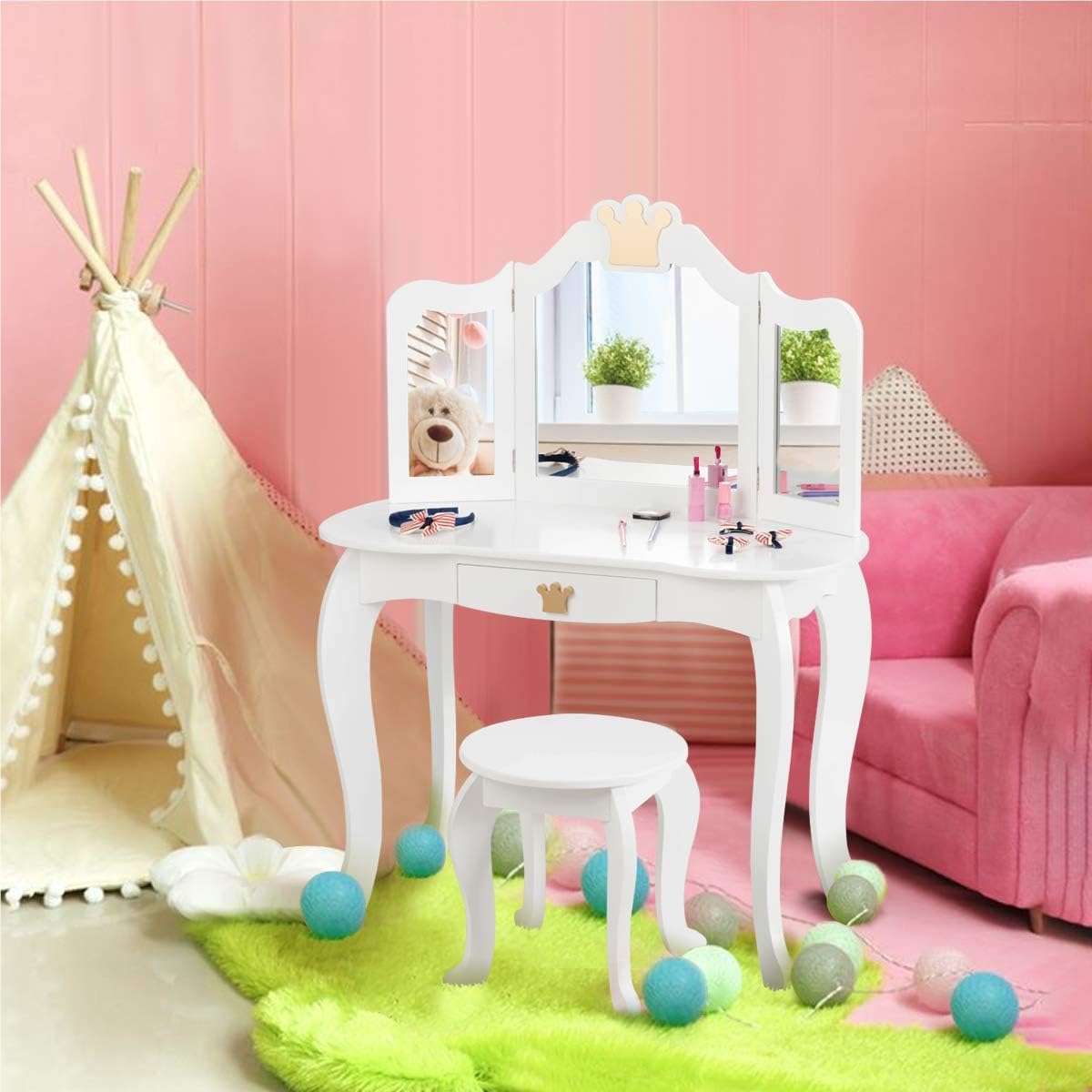Image of Children's Dressing Table With Stool And Removable Mirror, Girl's Wooden Dressing Table, Children's Table With Drawer, Mirror Table 80 X 42 X 105 Cm (white)