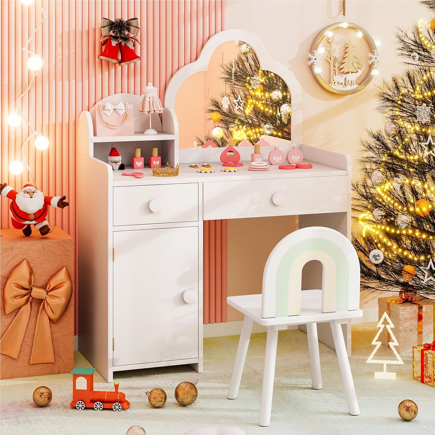 Image of Children's Dressing Table Cloud-shaped, 2 In 1 Dressing Table With Stool, Wooden Makeup Commode With Mirror, Cabinet & 2 Drawers, Cosmetic Table For Girls From 3-7 Years, White