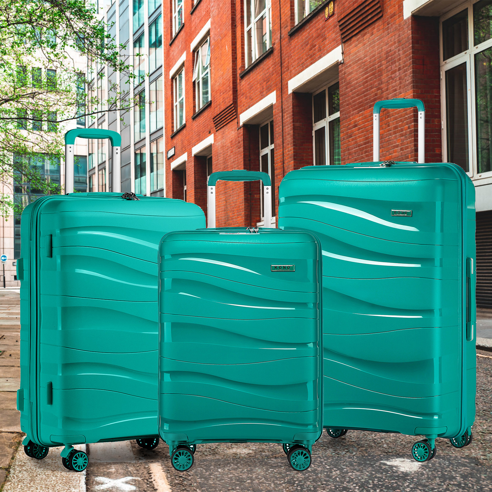 Kono Green Luggage Sets Of 3 Piece Lightweight Polypropylene Hard Shell Suitcase With Spinner Wheels 20" 24" 28" Case