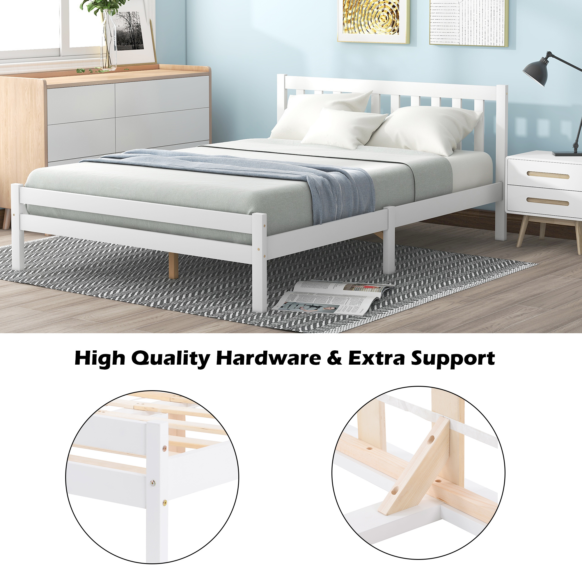 Wooden Bed Frame, Double Bed 4ft6 Solid Wooden Bed Frame, Bedroom Furniture for Adults, Kids, Teenagers, 135 x 190 cm (White)