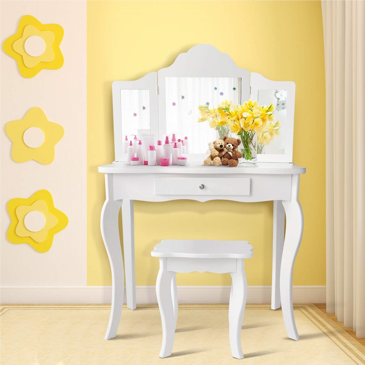 Image of 2 In 1 Children's Makeup Table With Stool, Dressing Table With 3-section Detachable Mirror & Drawer, Wooden Cosmetic Table For Girls, 70 X 34 X 103 Cm (white)