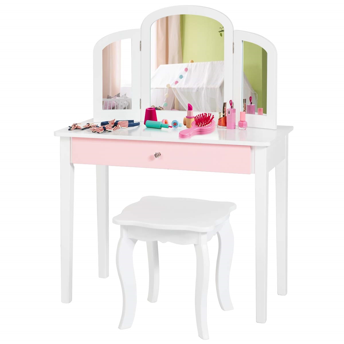 Image of Kids 2-in-1 Makeup Vanity Set, Dressing Table With Triple Folding Mirror & Drawer, Princess Cosmetic Table With Makeup Stool, Makeup Dresser Kids Table For Girls (white)