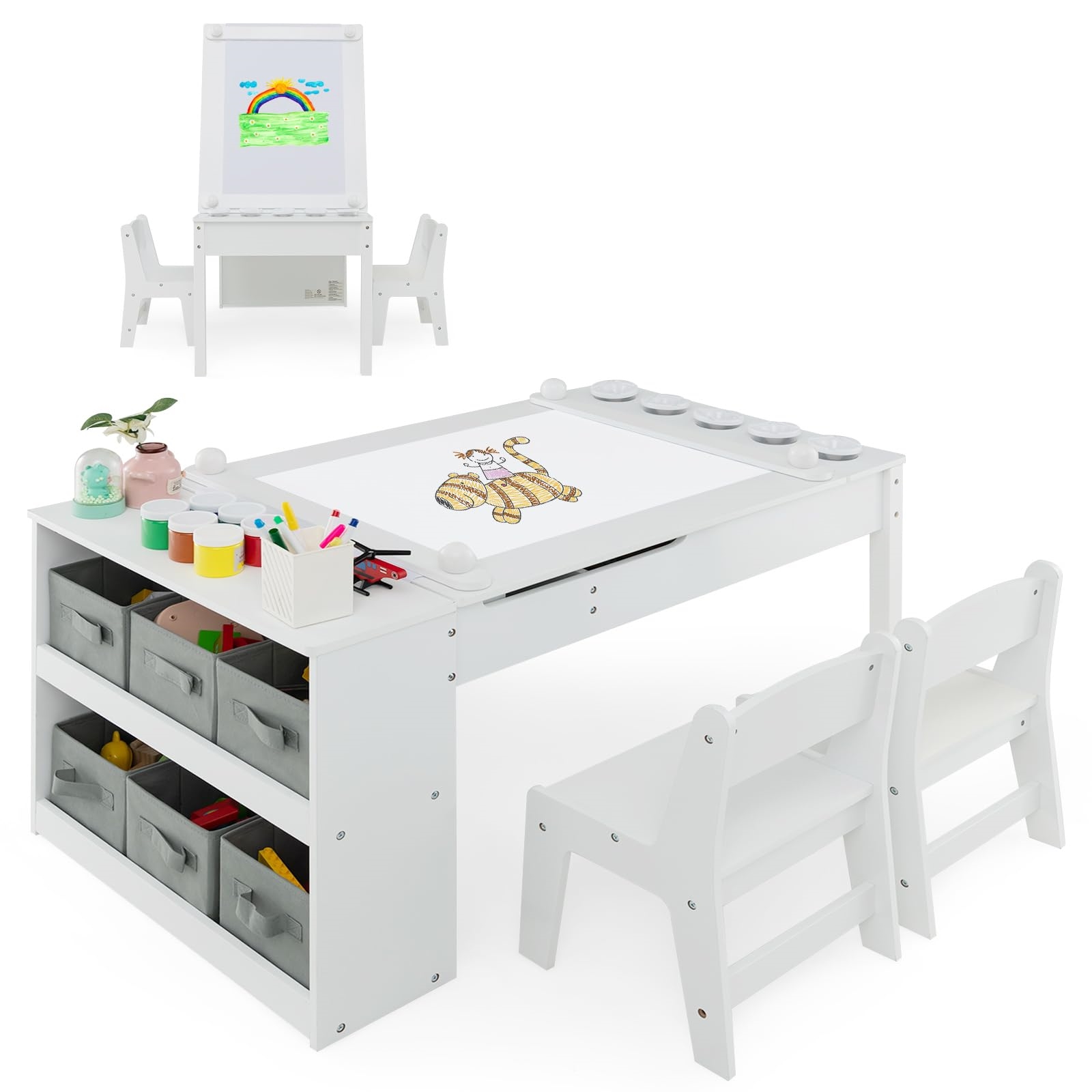 childrens table with 2 chairs 3 in 1 activity table wooden easel with lift up table top with paint trays 6 fabric containers paper roll childrens seating group for from 3 years white