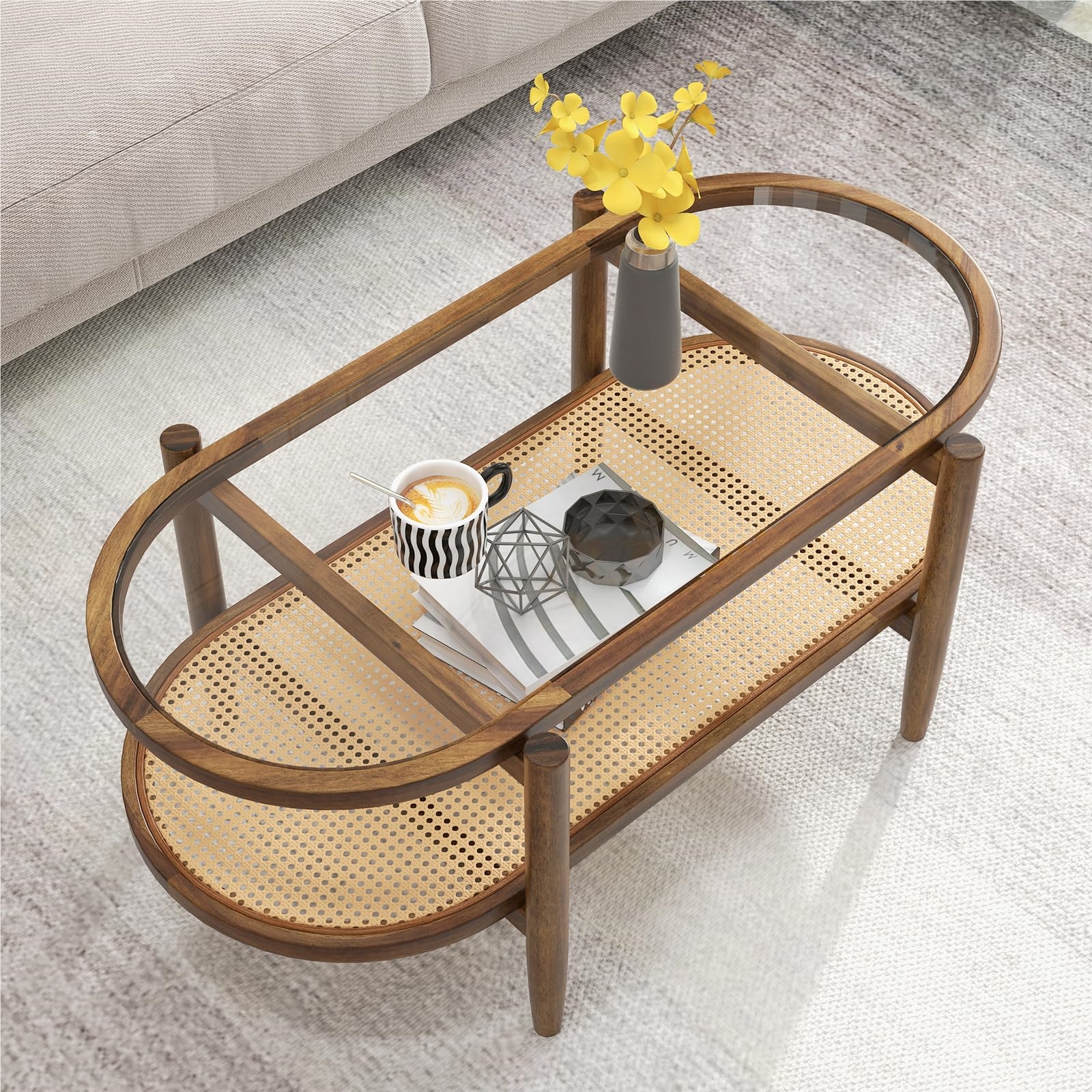 Image of Coffee Table, Side Table With Glass Top & Rattan Shelf, Living Room Table With Wooden Legs & Wooden Frame, Coffee Table For Living Room, Office, 102 X 56 Cm