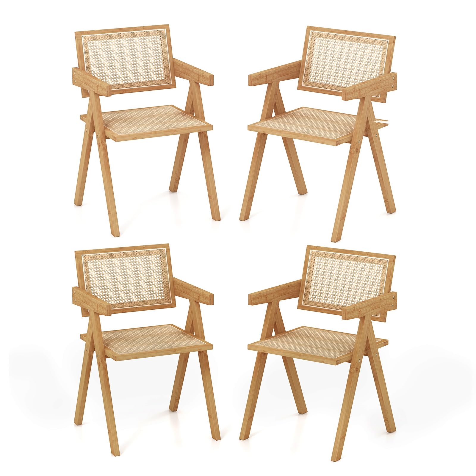 Image of 4pcs Dining Set, Bamboo & Simulated Rattan Kitchen Chair, Accent Chairs With Backrest & Armrests, Rattan Chair For Room Dining Room, 50 X 52 X 81 Cm, Natural