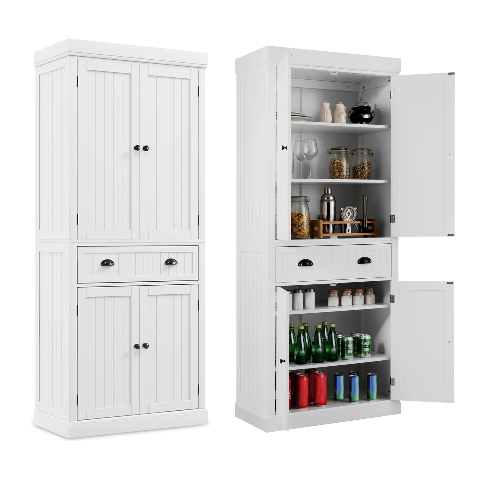 Image of Wooden Kitchen Cabinet, Sideboard With Adjustable Shelves, & Drawers, Freestanding Tall Kitchen Sideboard For Kitchen, Dining Room, Living Room, 76 X 40 X 183cm (white)