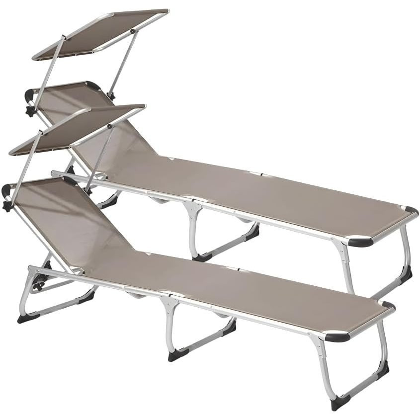 TEMU 2 Foldable Aluminum Sun Loungers With Sunshade Canopy, 180x55x90 Cm, Waterproof Fabric, 25mm Tube, For Beach Or Pool, Max Weight 120kg