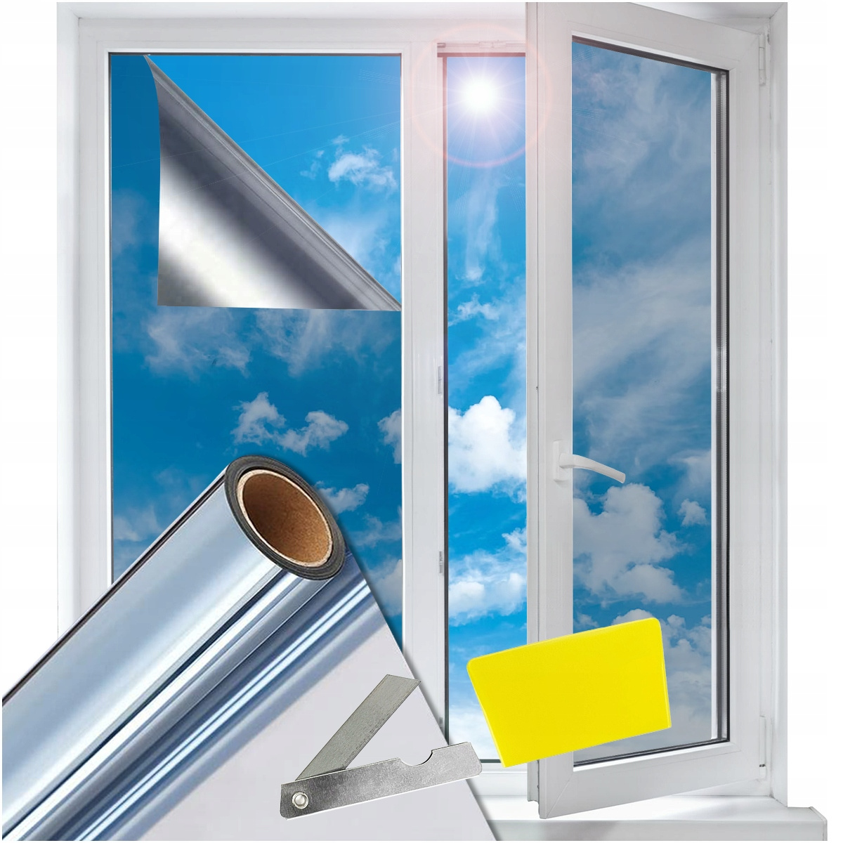 window sun protection thermal insulation film installation kit 300 x 75 cm venetian   silver color reduces   blocks   anti scratch coating weather resistant self   easy to remove without damaging windows reduces room temperature by 8 c in summer   heat loss by 40 in winter   air conditioning   provides privacy darkens glass   utility knife and squeegee ideal for home and office