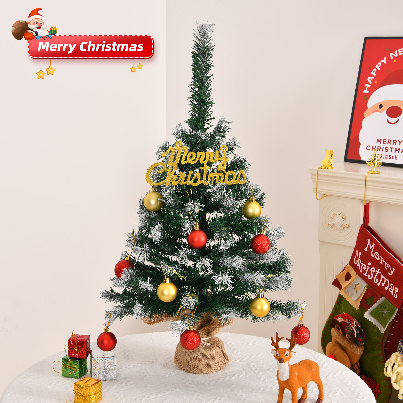 Image of 24" Snow-tipped Artificial Mini Christmas Tree With Ornaments & Cloth Bag Base - Tabletop Xmas Decor For Home, Office, Porch, Desk - Holiday Decorations