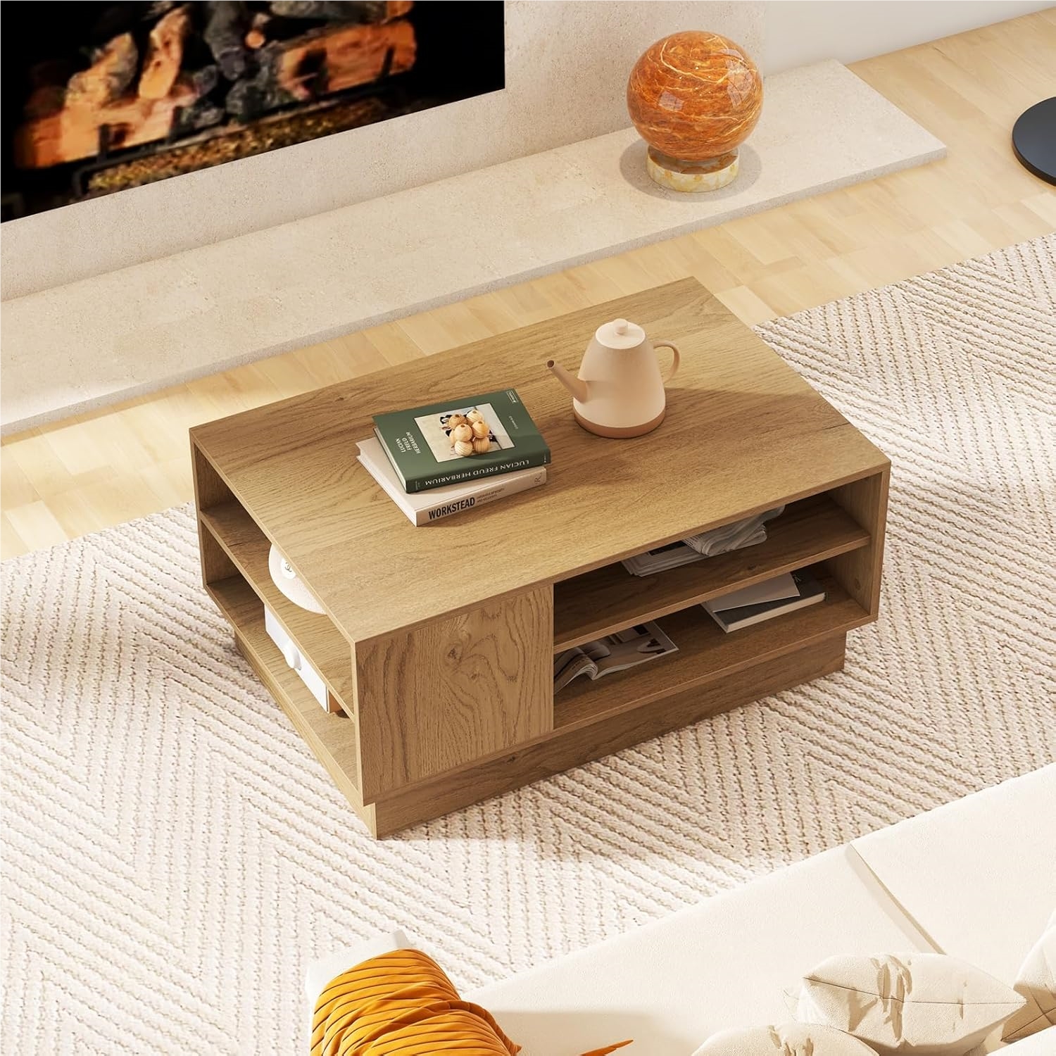 Image of Wooden Coffee Table, Living Room Table With Storage, Side Table With Open Compartments, Sofa Table Accent Table For Living Room, Reception Room & Lounge, 86 X 56 X 41 Cm, Modern (natural)