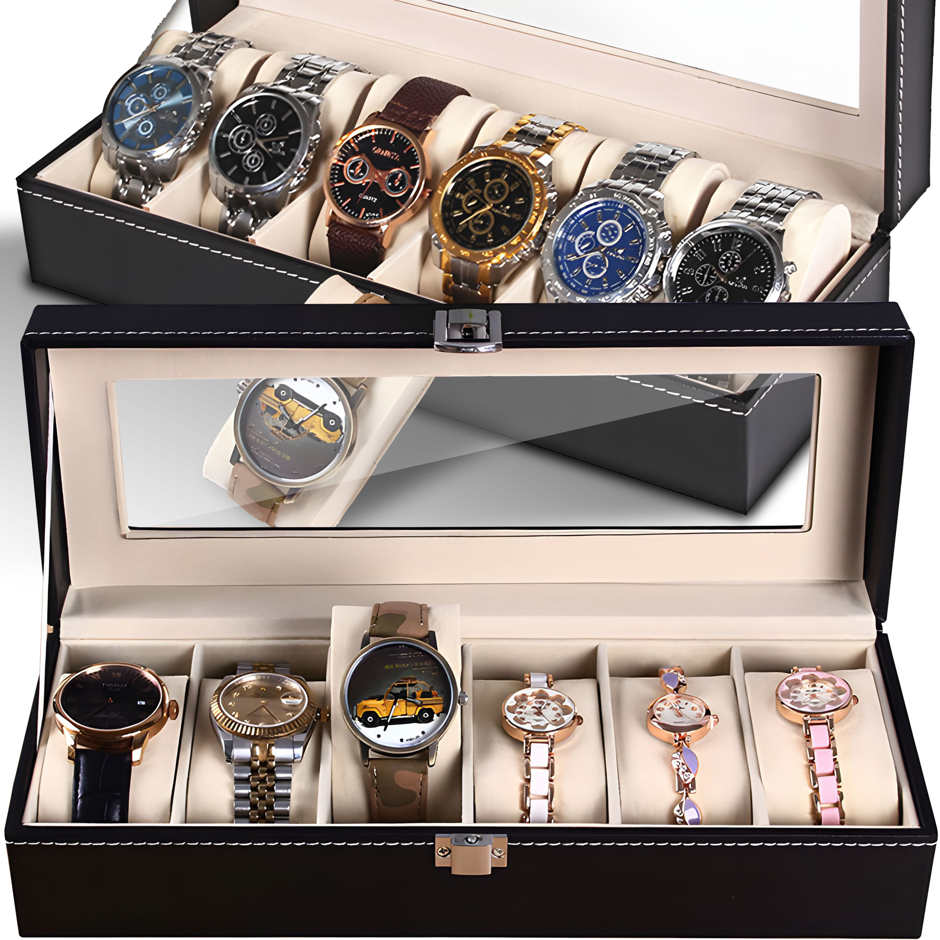 E-shop Retoo Uhrenbox, Schmuckorganizer-Etui, Elegante Uhrenbox mit 6 Fächern, Leder, Weiches Schutzfutter, Perfekter Schutz vor Kratzern, Stilvolle
