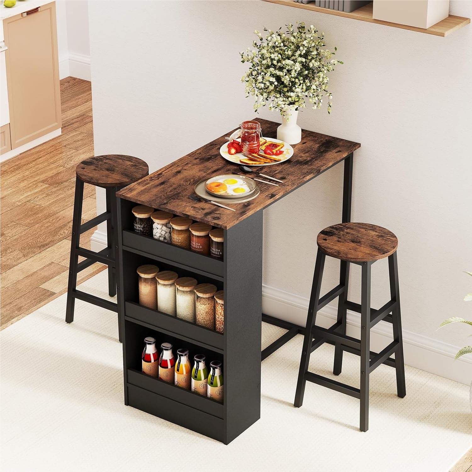Bar Table With Bar Stools Set, 2-person Bar Table Set With 3 Shelves, Counter Table Kitchen Table Set Kitchen Counter For Living Room, Dining Room, And Kitchen, Rustic Brown