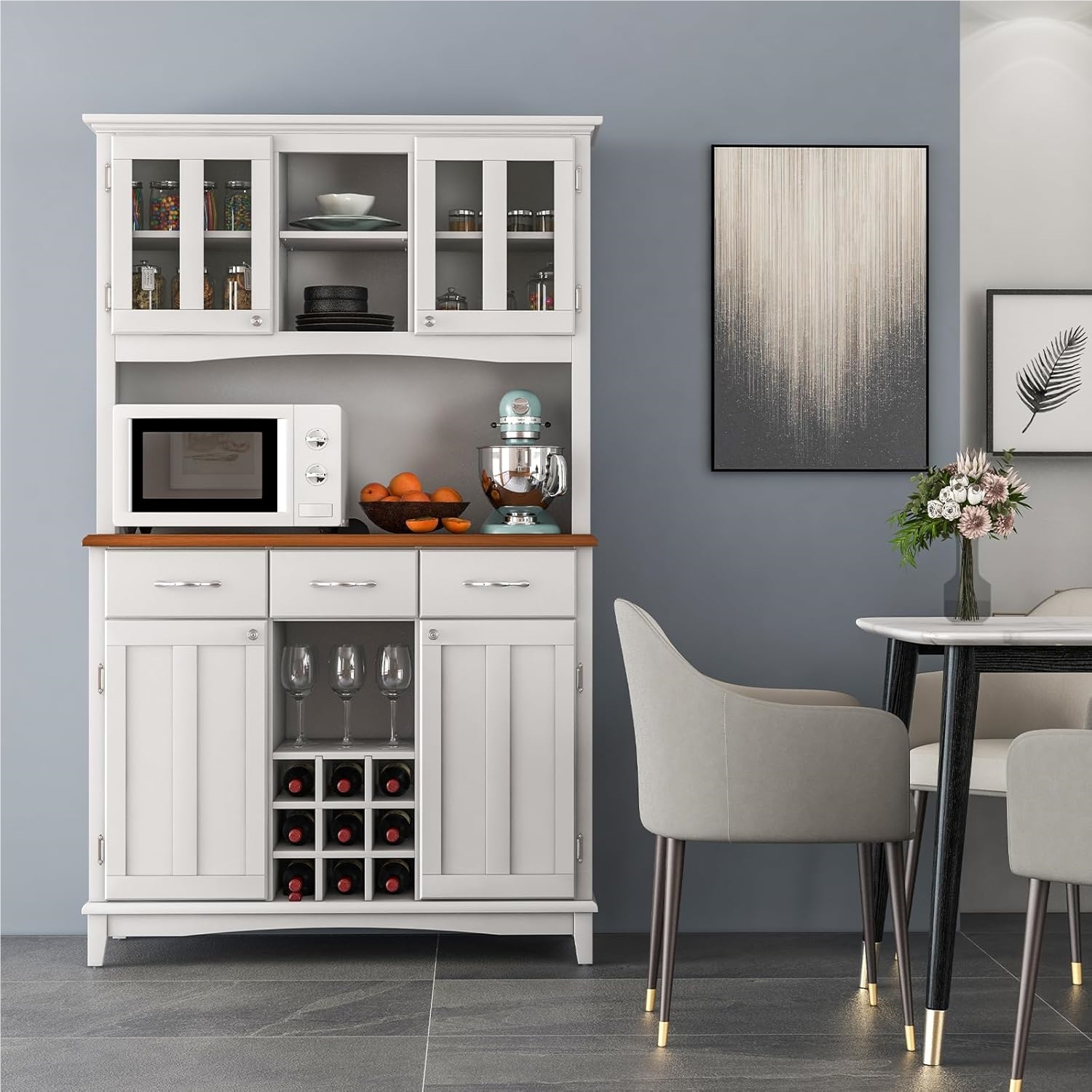 Kitchen Cabinet, 3-drawer Buffet With Wine Rack, Open Shelves, And Adjustable Shelves, 112 X 184.5 Cm, White