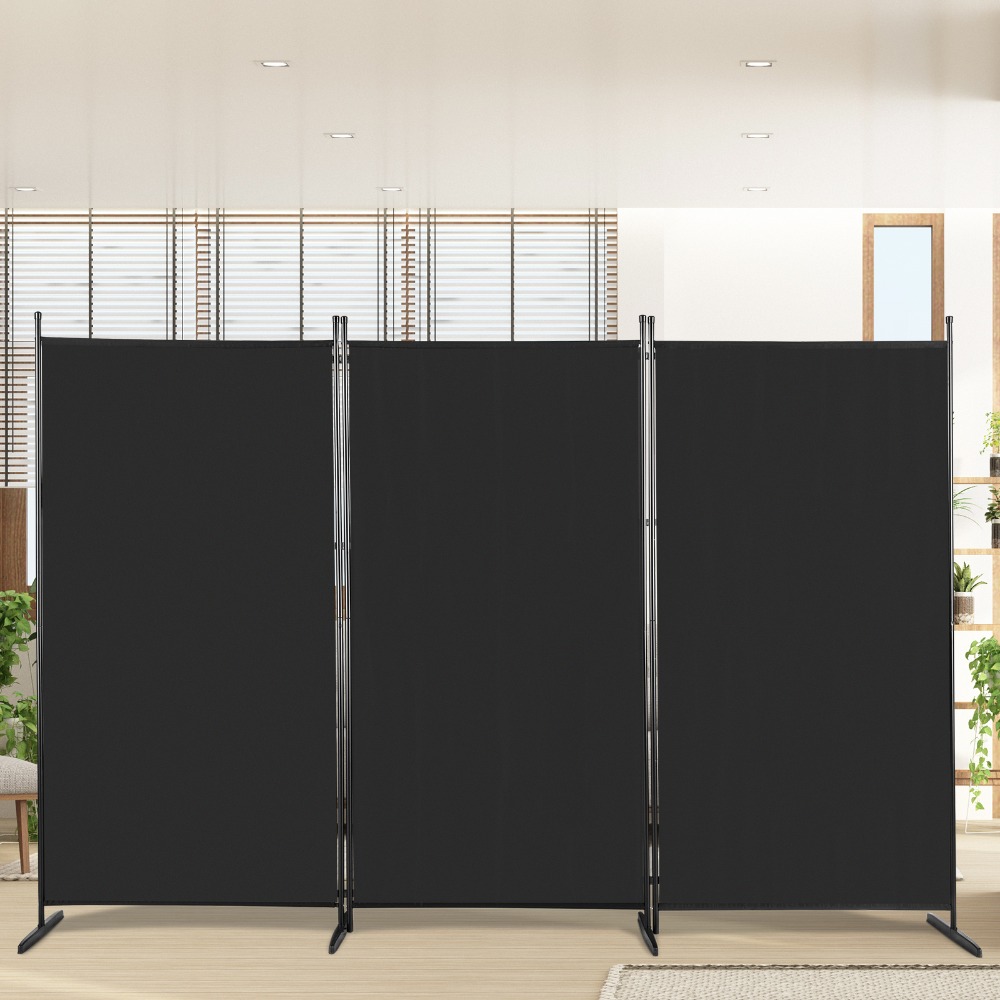 6ft Foldable Privacy Screen - 3-panel Carbon Steel Room Divider With Non-slip Base, Heavy-duty Partition For Office/home, Black