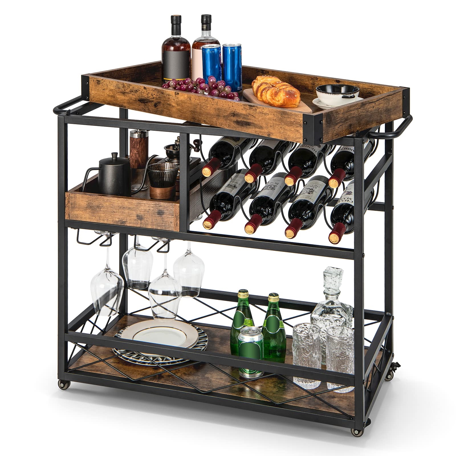 Image of 3-tier Serving Cart With Removable Tray, Kitchen Cart With 2 Of Glass Holders And 8 Wine Racks, Wooden Rolling Cart For Kitchen, Dining Room, And Bar, Vintage