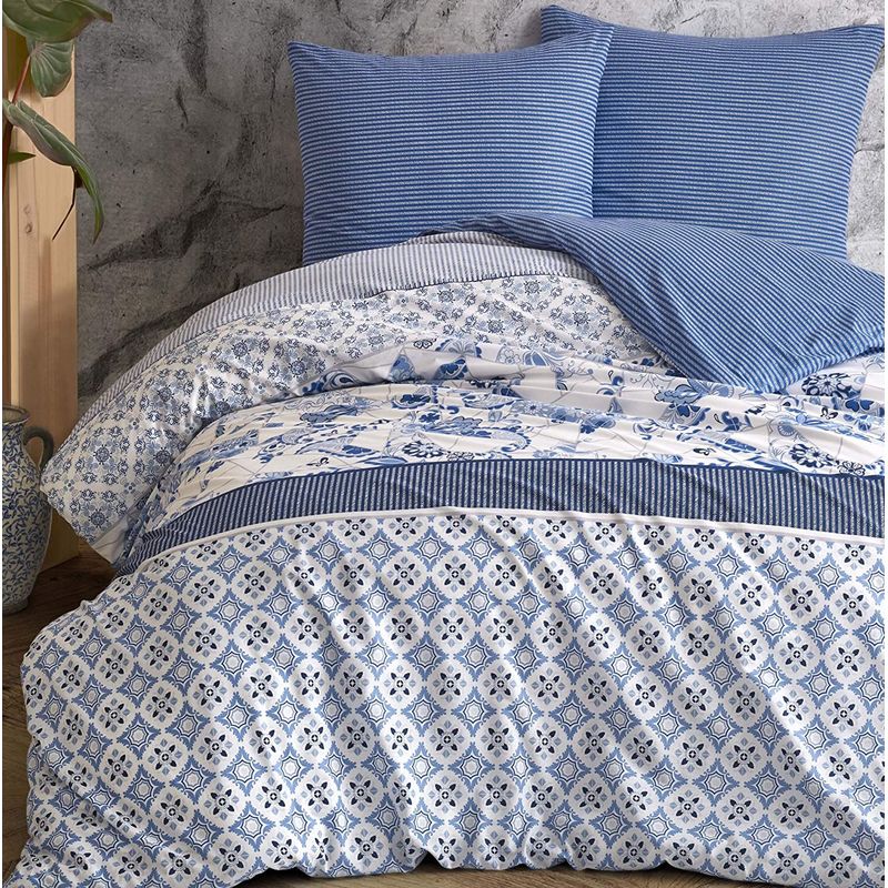 E-shop Bettwäsche Set Paisley Streifen Blumen Retro blau weiß Wende Baumwolle Renforcé Kissenbezug 80x80 cm mit Reißverschluss