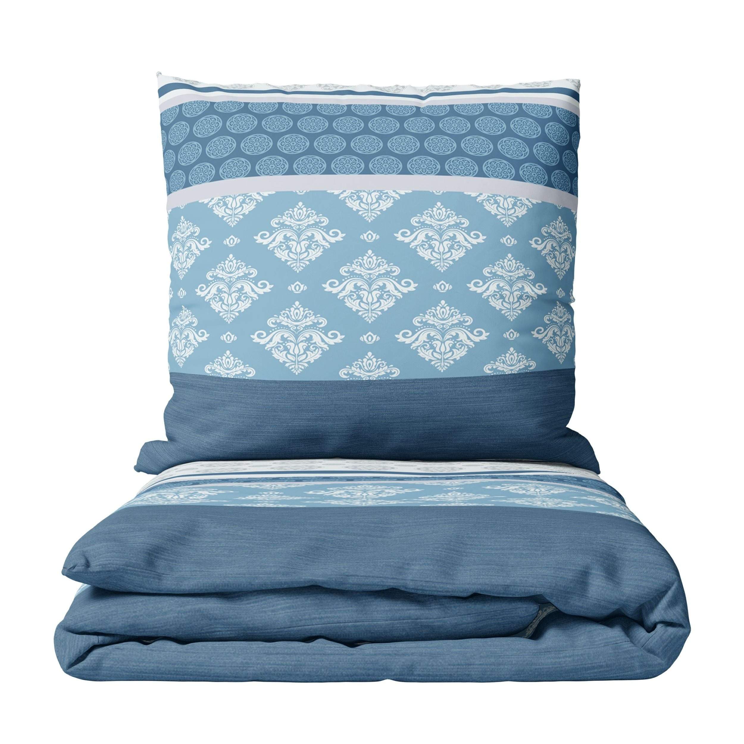 E-shop Bettwäsche Biber Baumwolle Ornamente Set Blau Grau Weiss Streifen Modern Kissenbezug 80x80 cm mit Reißverschluss