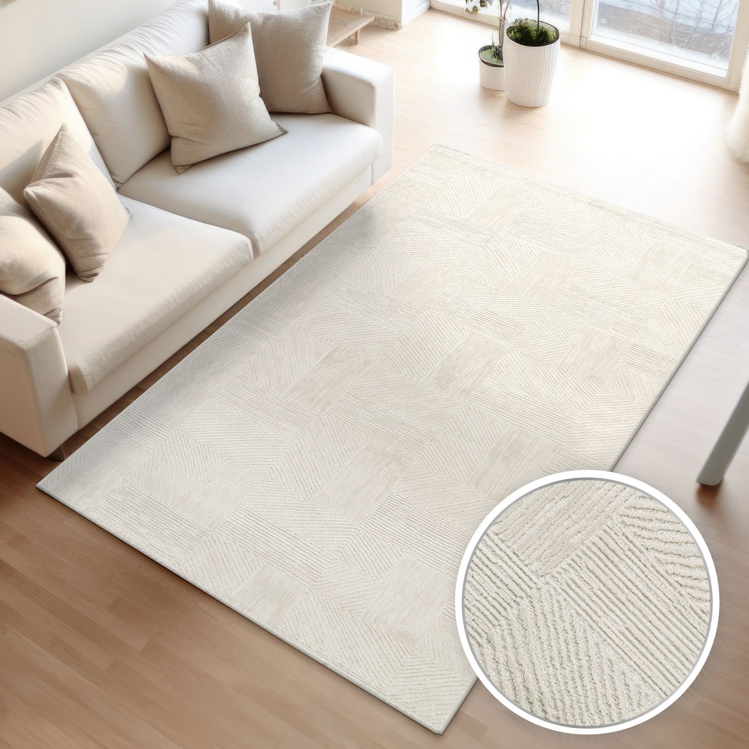 Image of Modern Living Room Carpet With Geometric Pattern, In Cream Color