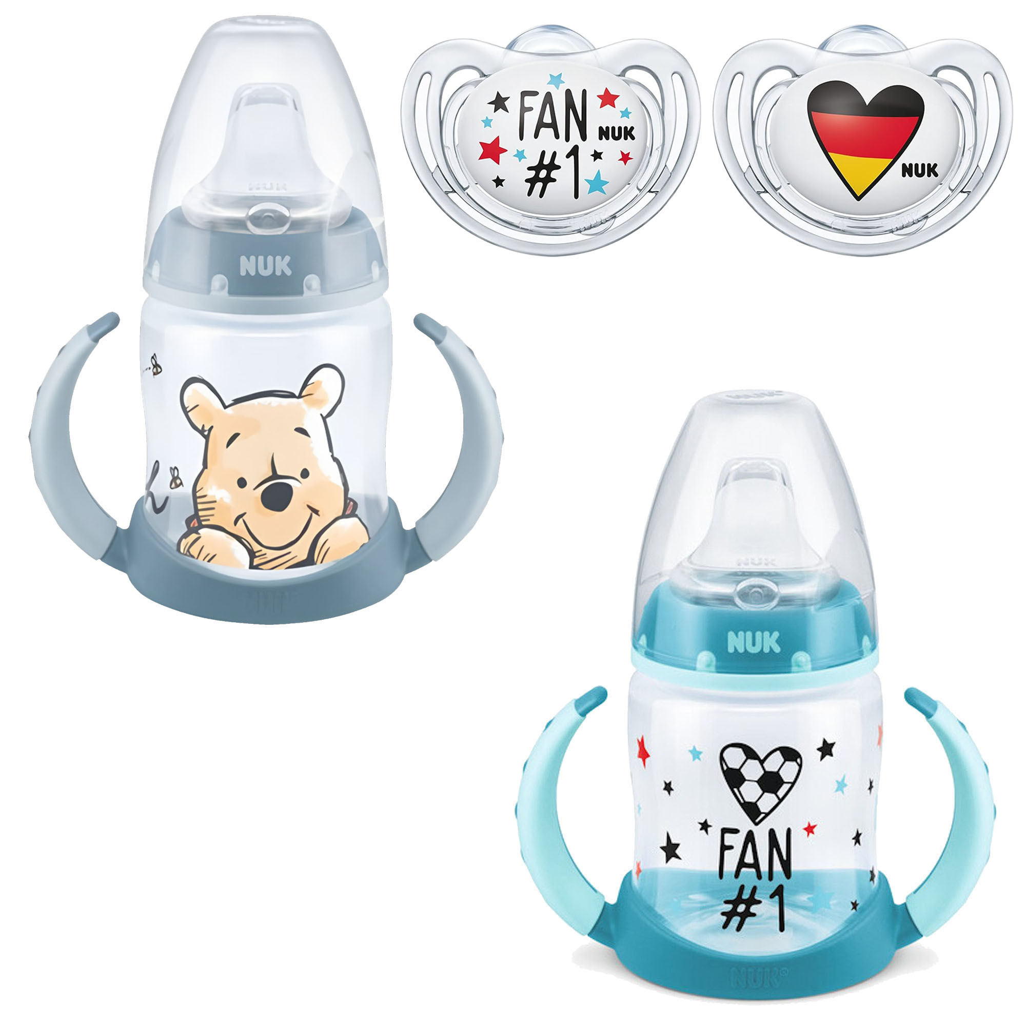 Nuk Baby Training Bottle/cup "150ml Pp Training Bottle With Silicone Spout And Handle + Soccer Training Bottle 150ml + Soccer Pacifier 6-18 Month Set