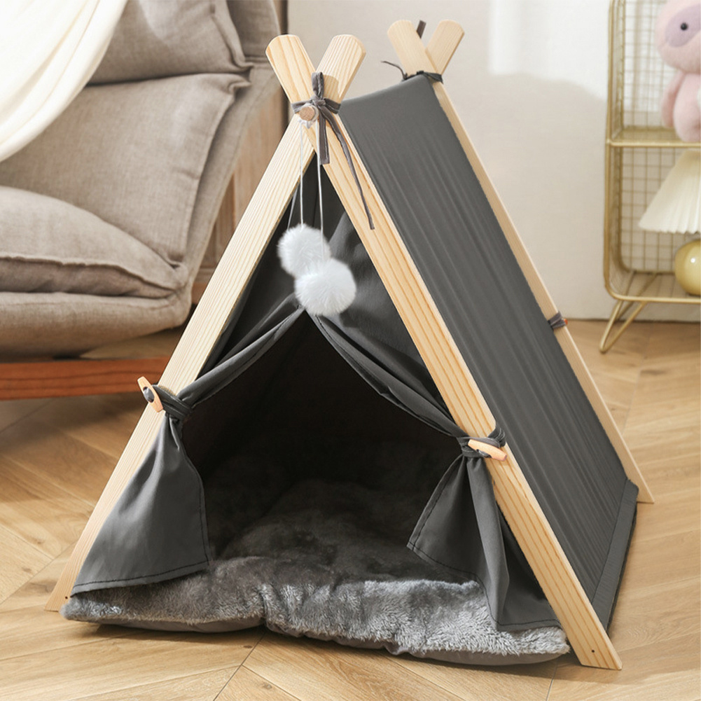 TEMU Portable Grey Pet Teepee For Dogs And Cats, Large Indoor Folding Teepee Bed With Thick Cushion, Cat And Dog Tent House, Warm Easter Gift