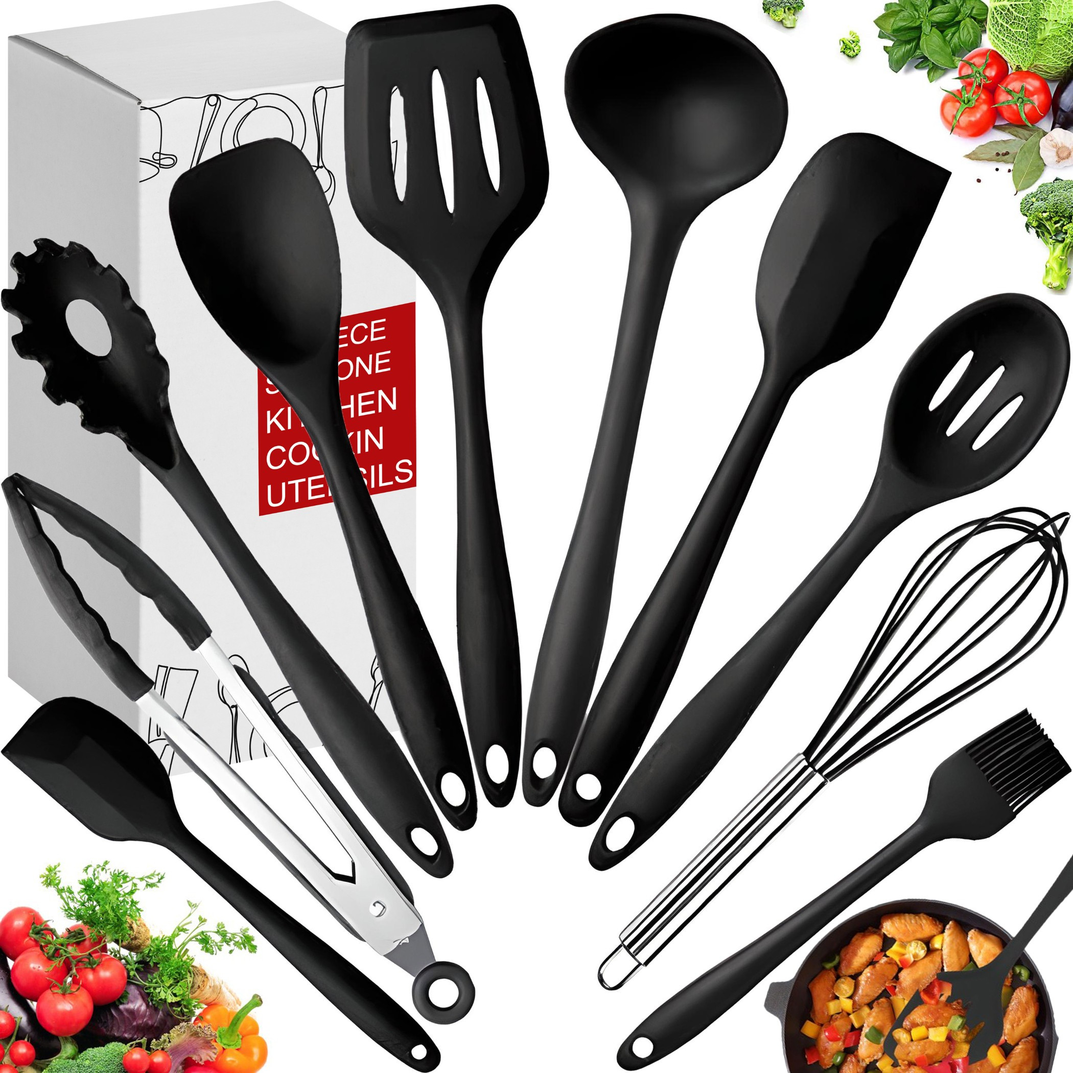 TEMU Ensemble d'ustensiles de cuisine en silicone Retoo , 10 pièces, cuillère, spatule, fouet, couleur noire, silicone de qualité alimentaire BPA,