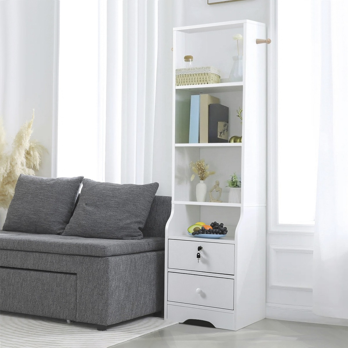TEMU Bedside Table, Tall Silm Side Table, Tall Telephone Table, Drawer Storage Unit, End Table, For Bedroom, Living Room Drawer Cabinet 4 Tiers Open