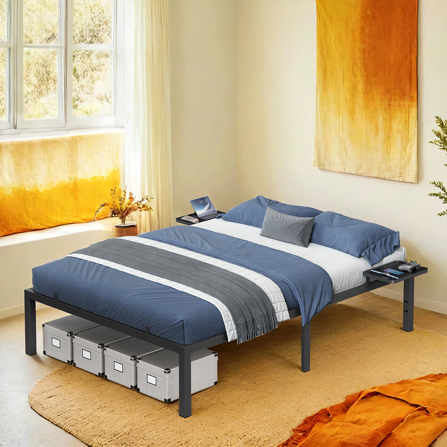 TEMU Bed Frame, Bed Frame, Metal Bed Frame With Storage Shelves, Guest Bed, 140 X 200 Cm